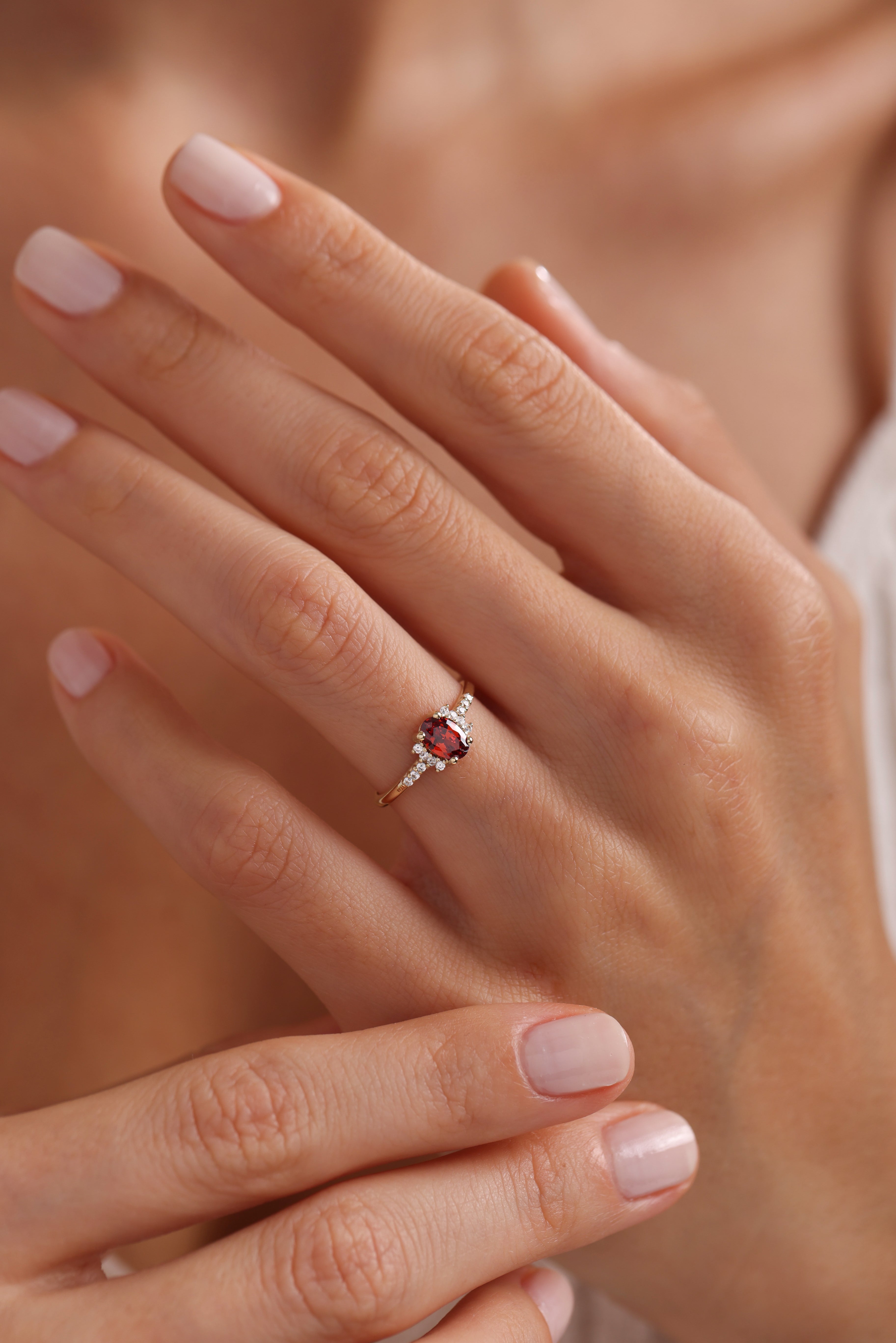 14k Gold Oval Garnet & Diamond Accent Ring