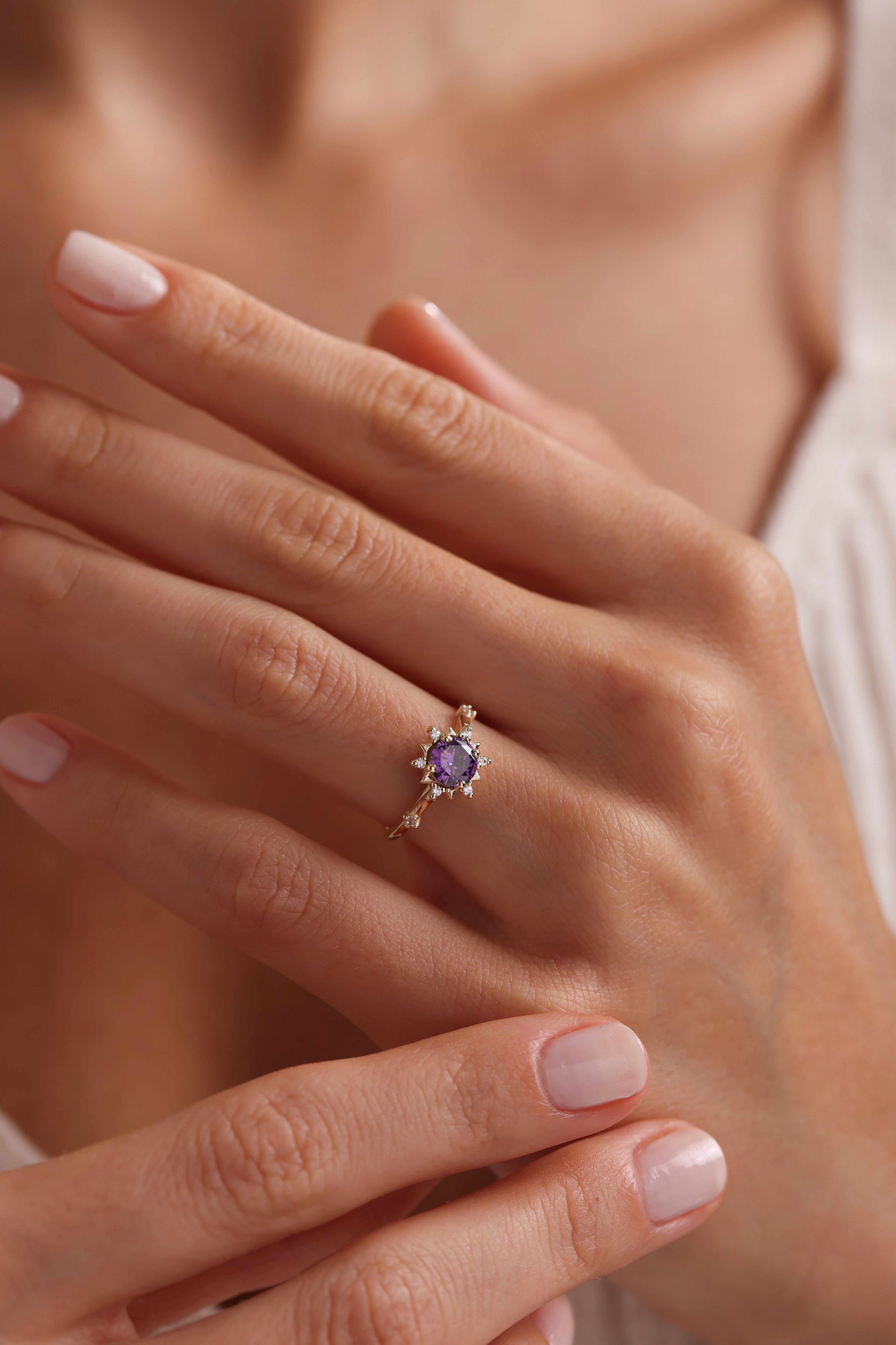 14k Gold Amethyst Diamond Ring