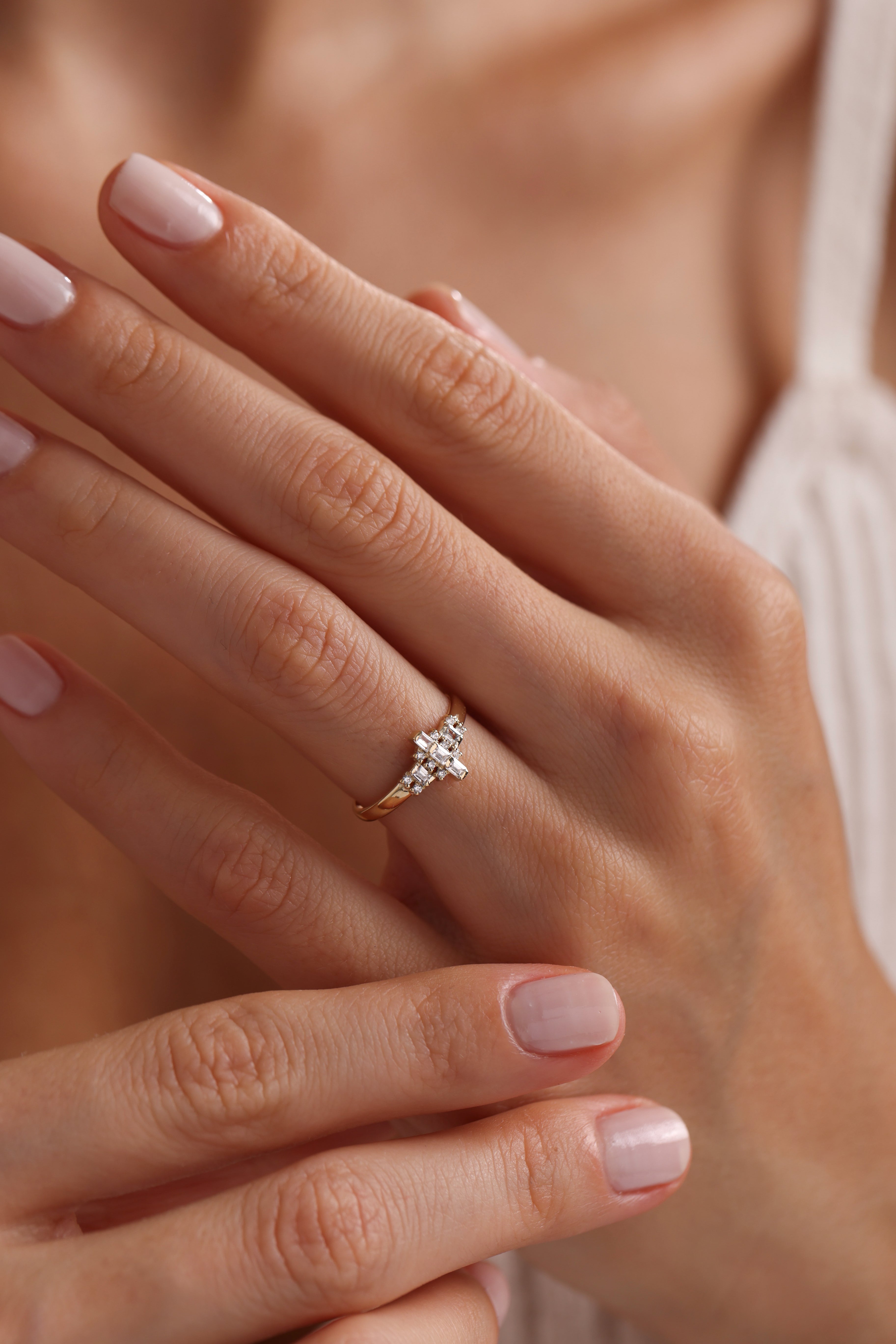 14k Gold Baguette and Round Diamond Cluster Ring