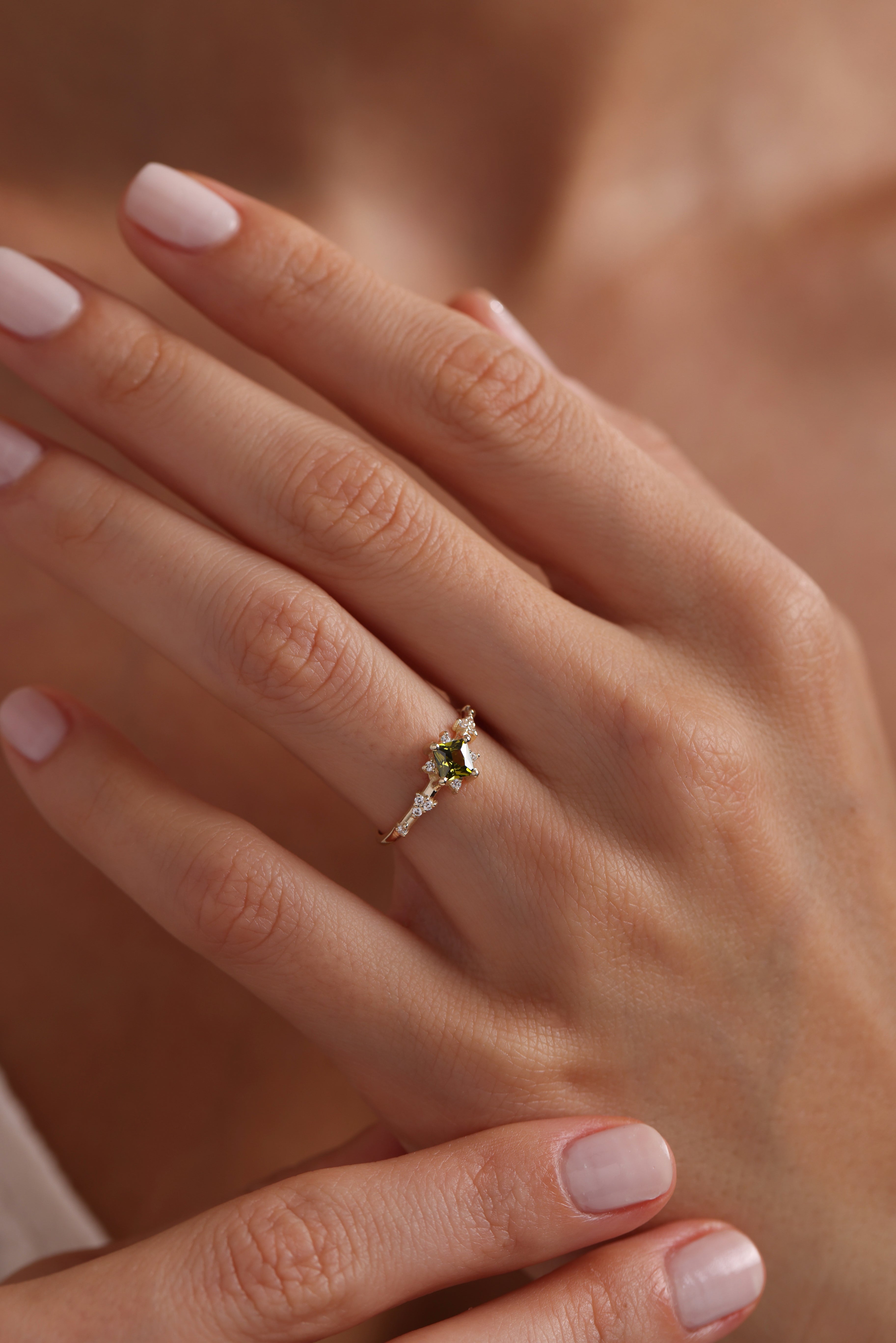 14k Gold Square Peridot Ring