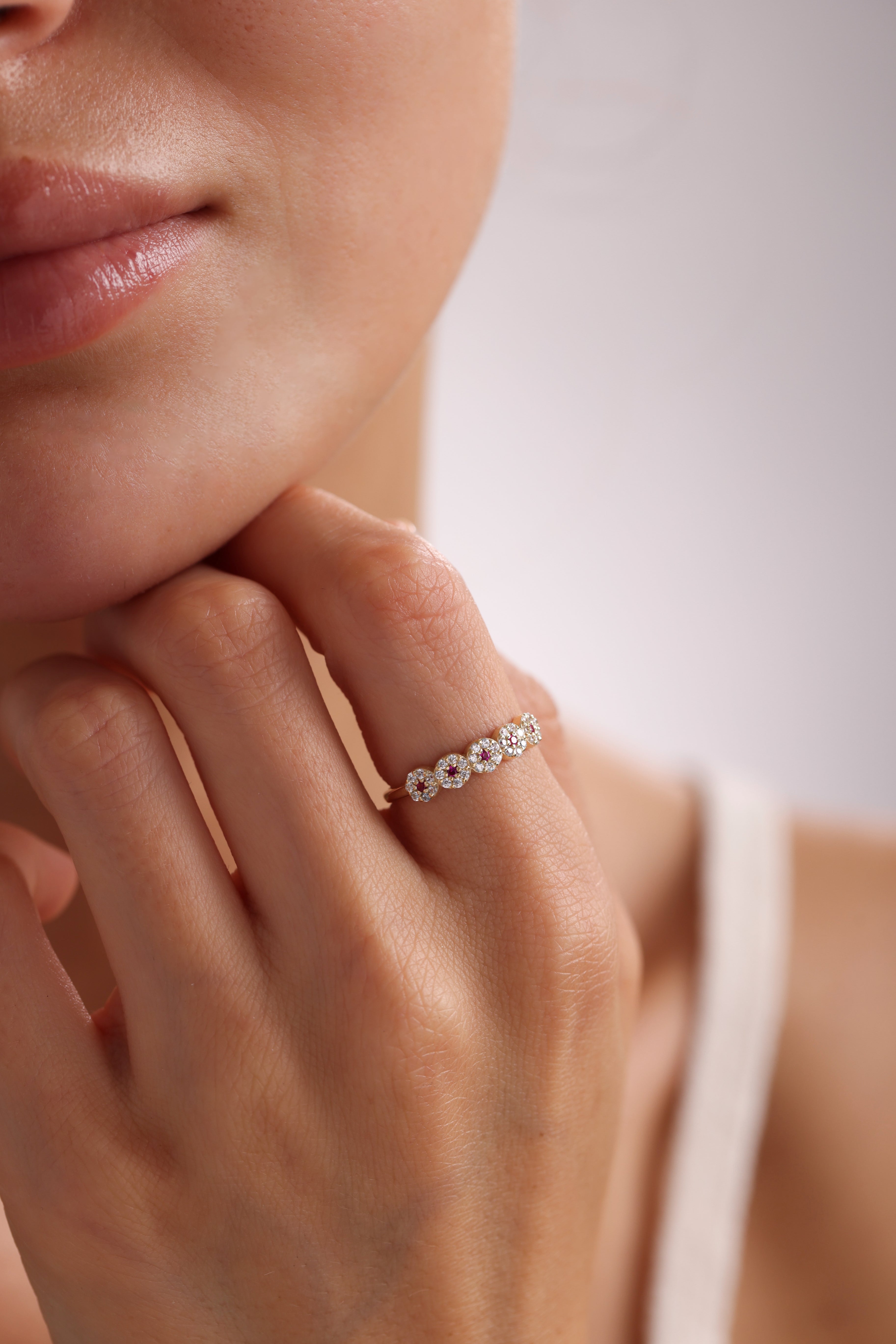 14k Gold Pink Sapphire and Diamond Cluster Band