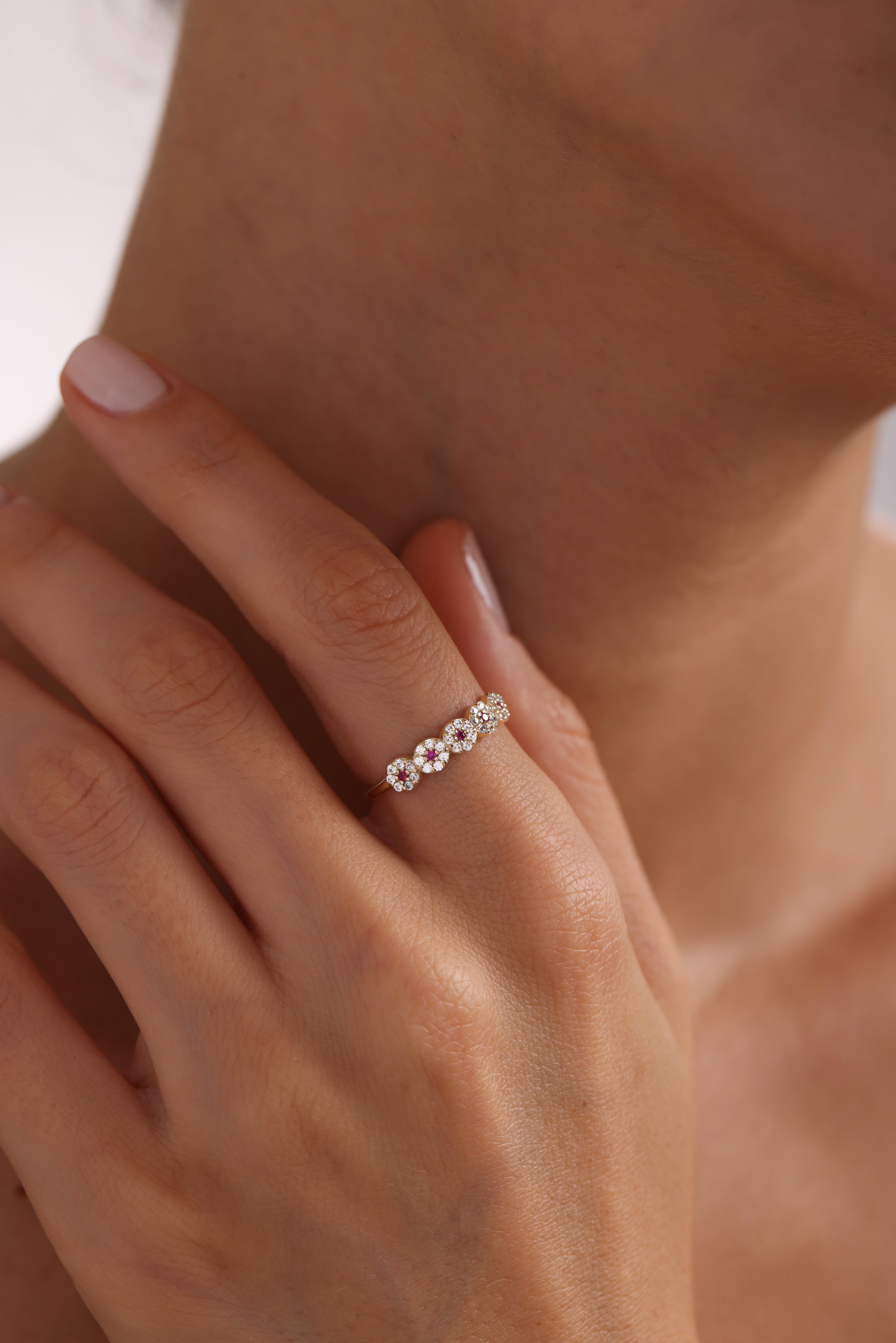 14k Gold Pink Sapphire and Diamond Cluster Band