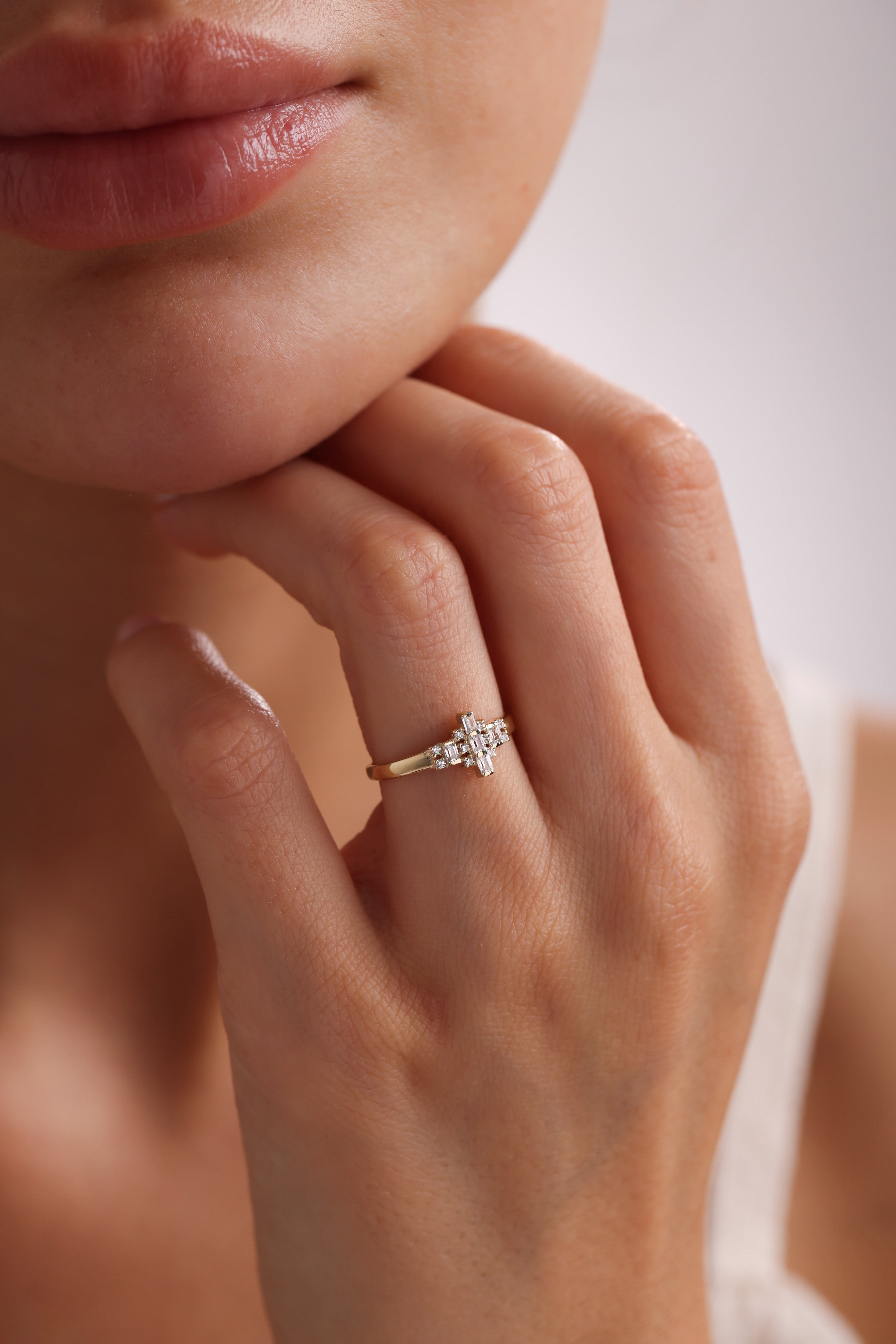 14k Gold Baguette and Round Diamond Cluster Ring