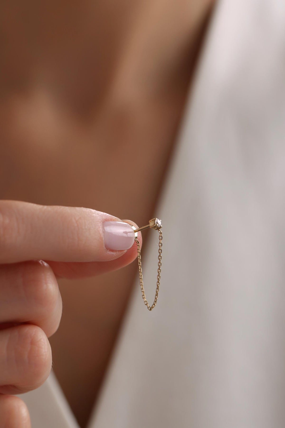 14K Solid Gold Bezel Stone Chain Drop Earring