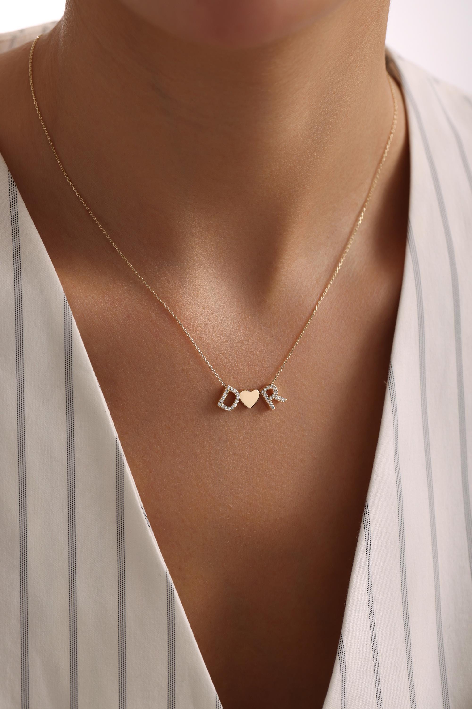 14K Gold Diamond Letters With Heart Necklace