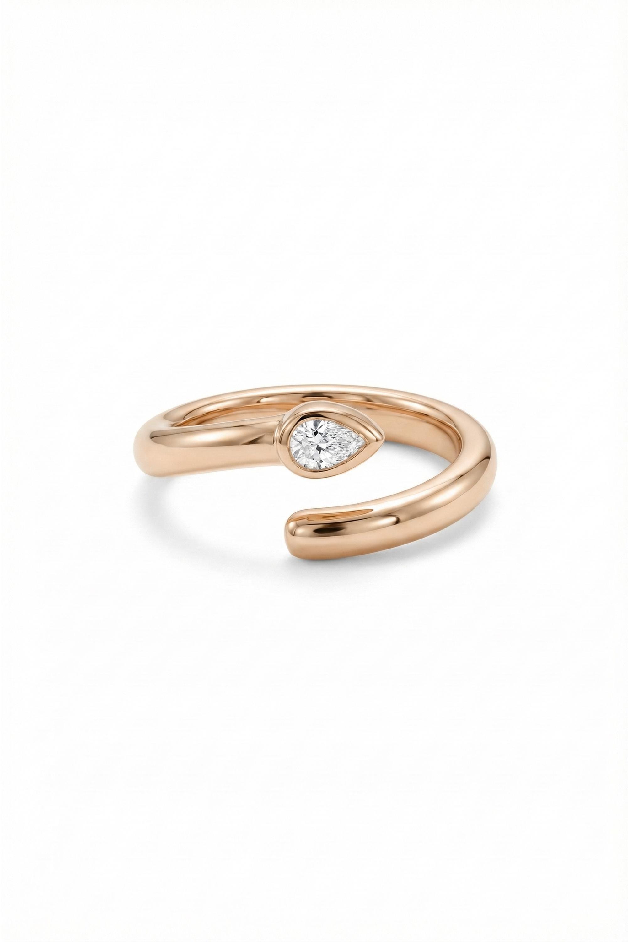 14K Gold Pear Bezel Open Wrap Ring