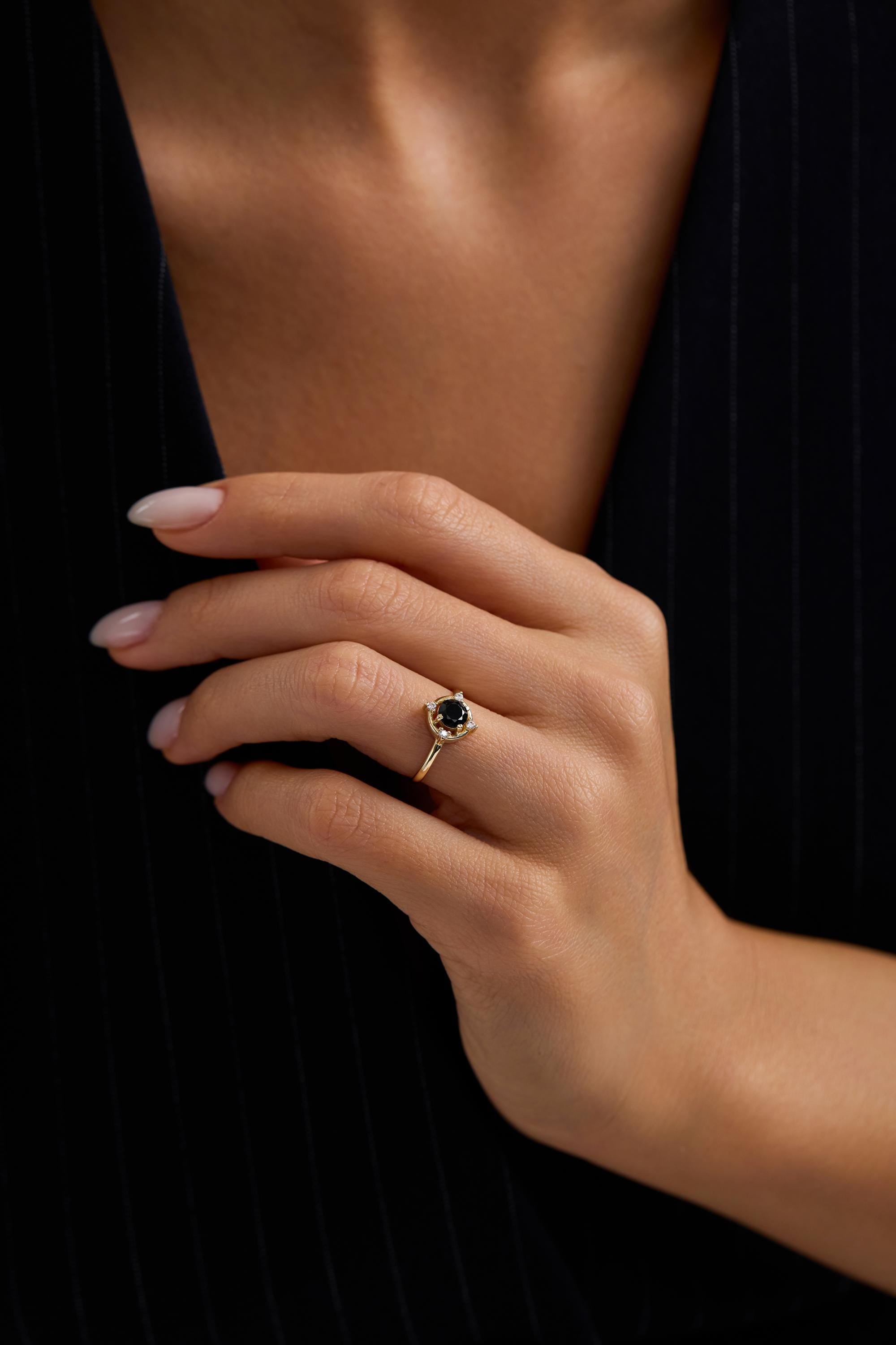 14K Gold Black Stone Halo Ring Minimal Round Center Accent Ring