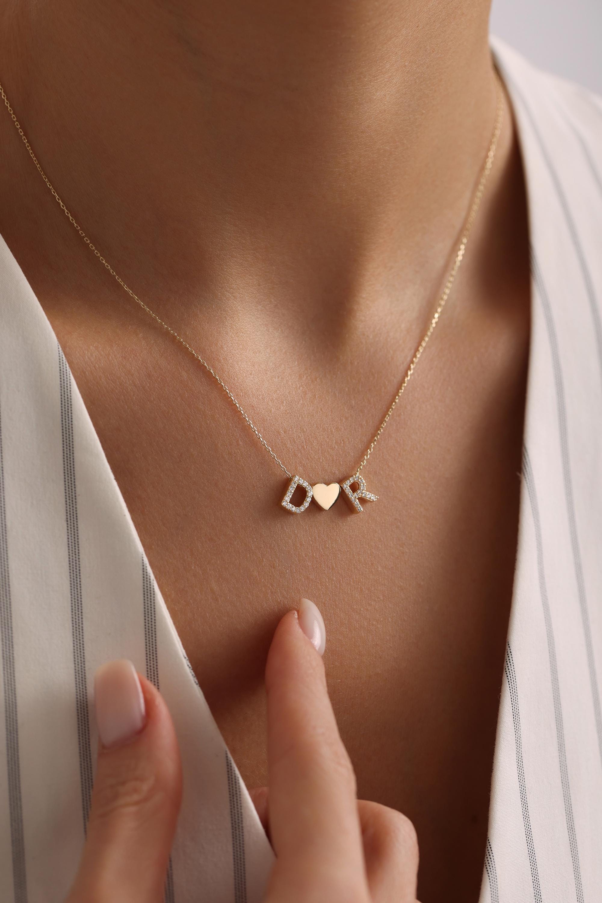 14K Gold Diamond Letters With Heart Necklace