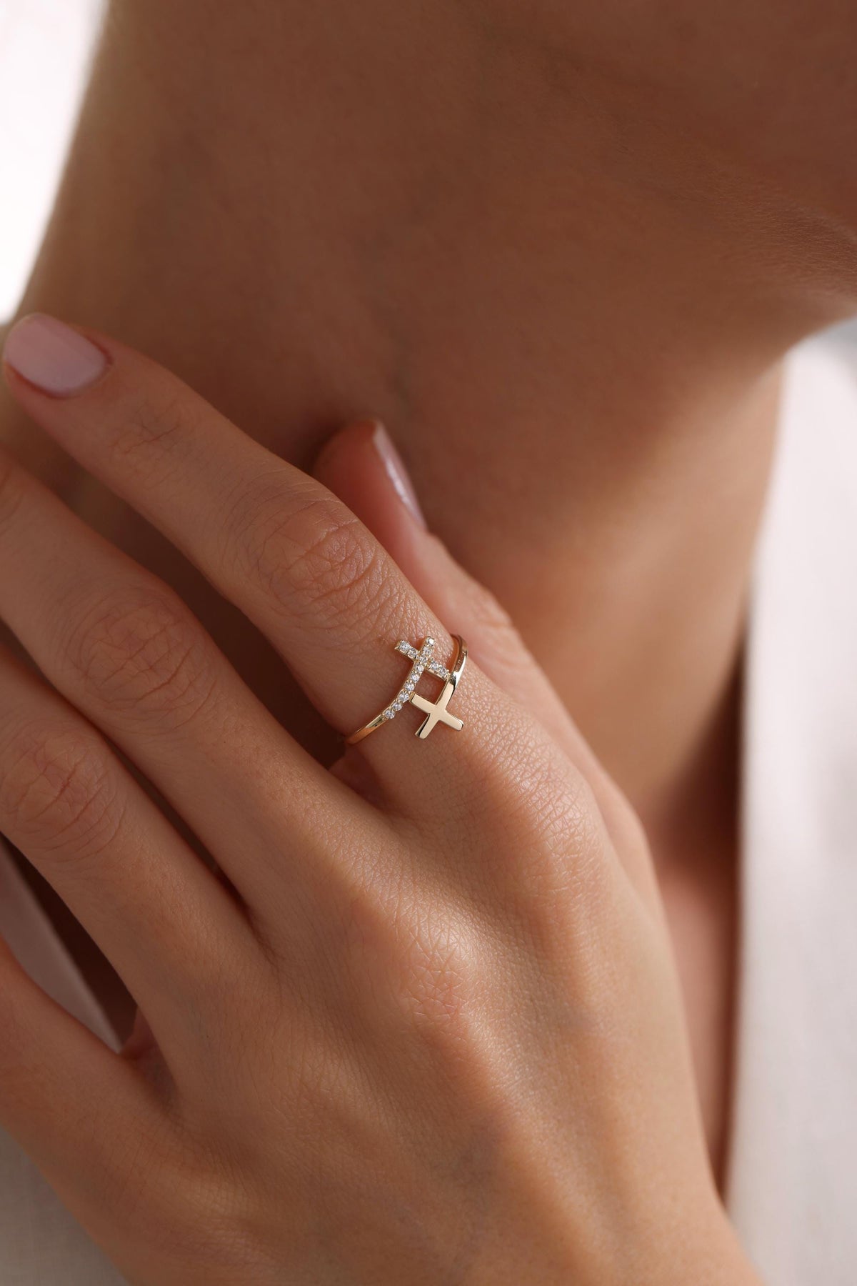 14K Gold Double Cross Bypass Ring