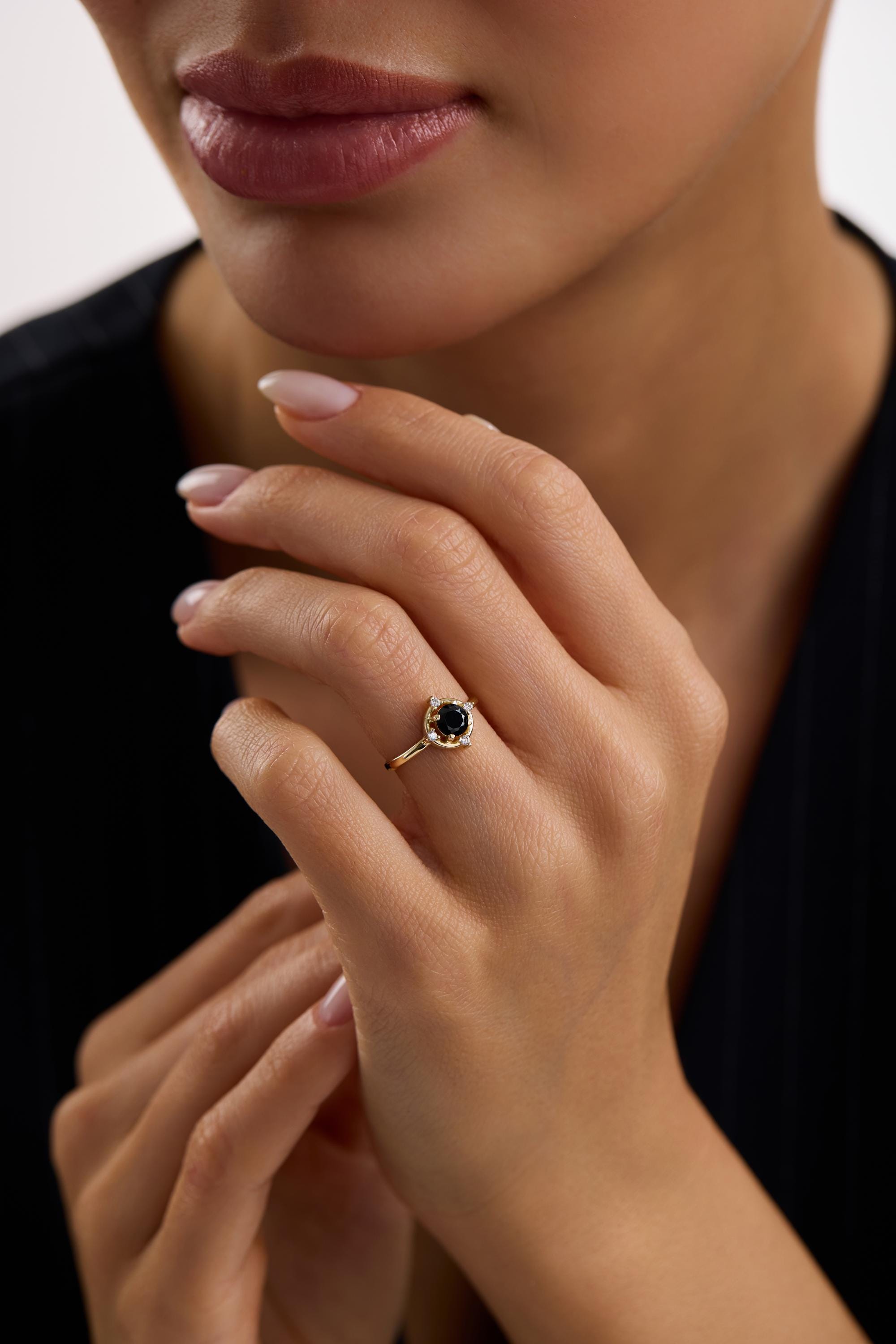 14K Gold Black Stone Halo Ring Minimal Round Center Accent Ring