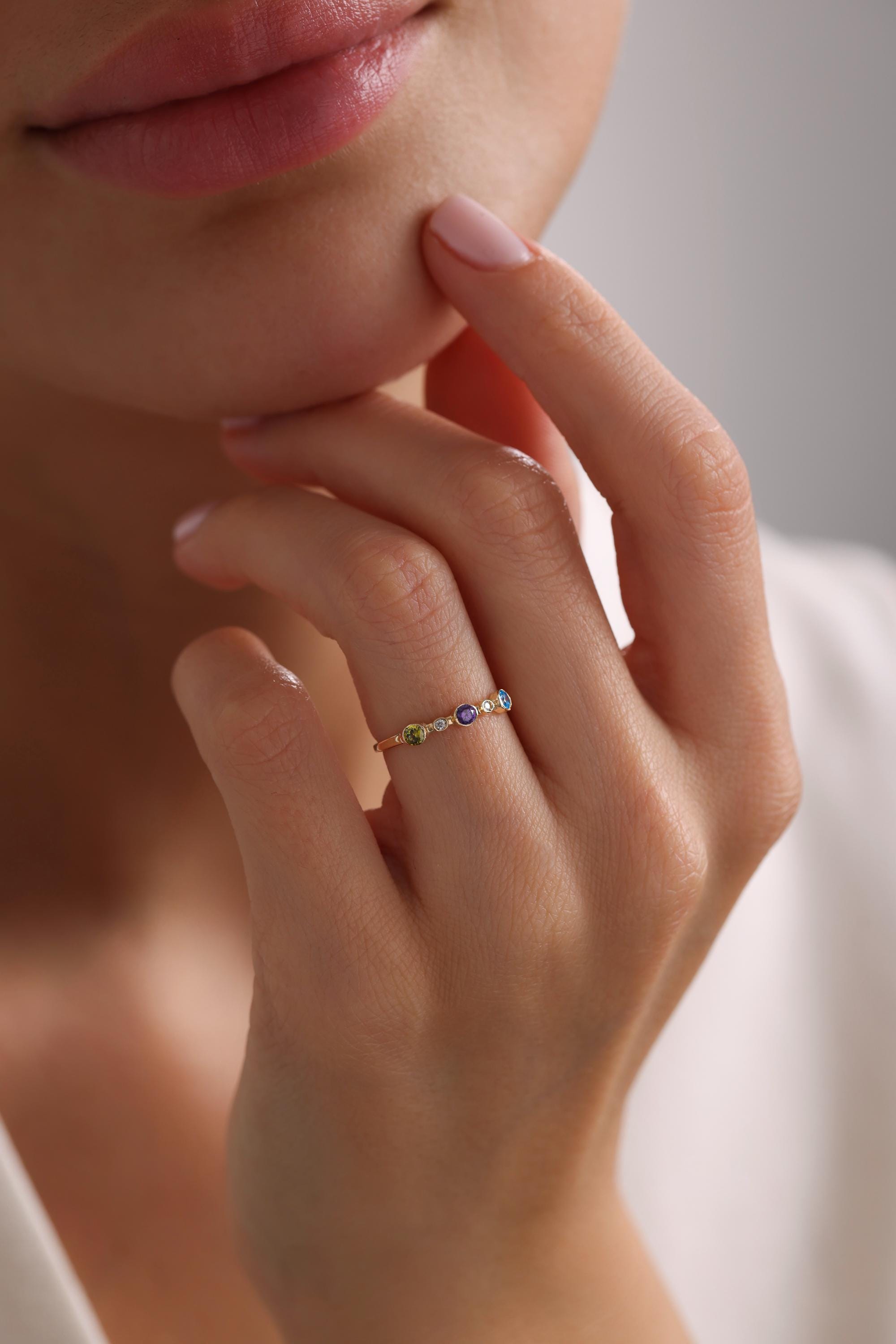 14K Rose Gold Multi-Gemstone Bezel Stacking Ring