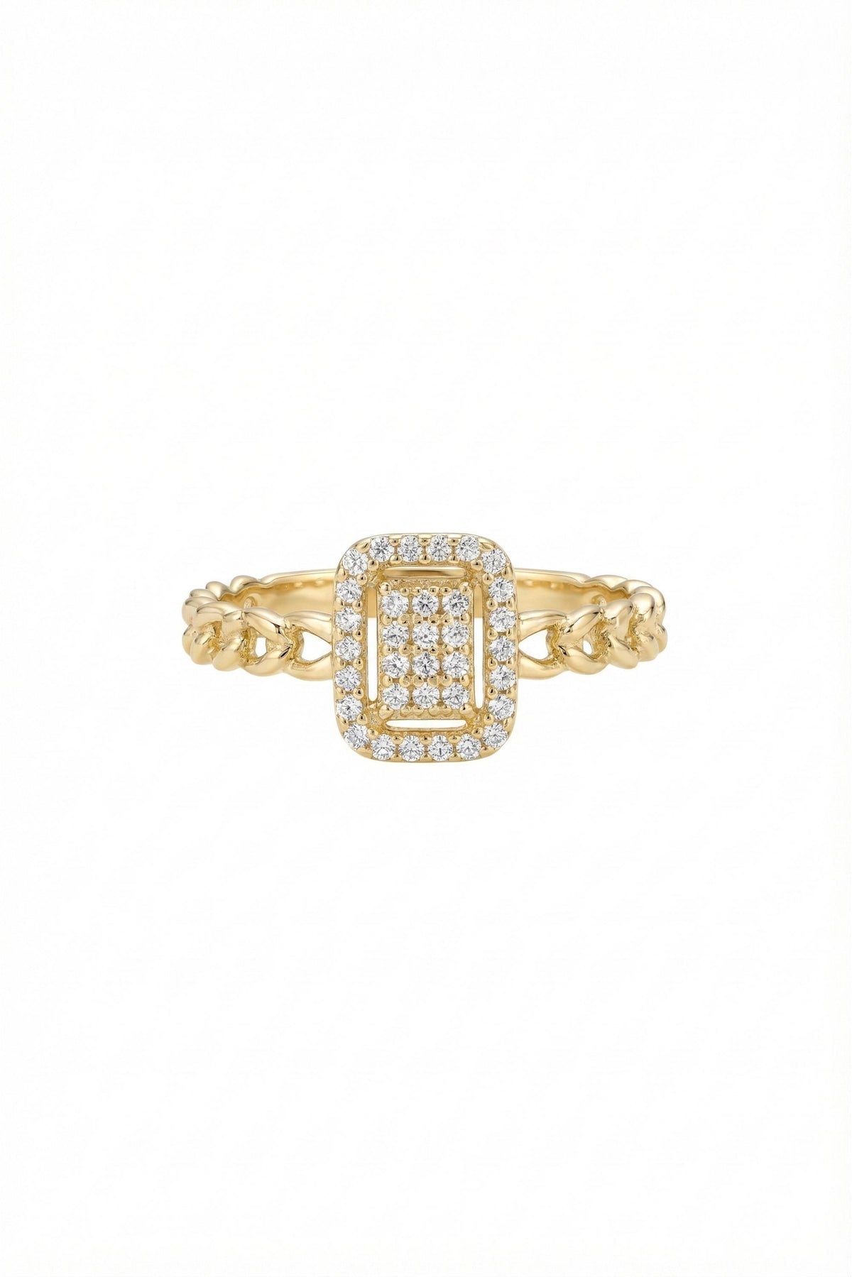 May include: A gold ring with a rectangular center stone, surrounded by a halo of small, clear stones. The band features a chain-link design. The ring is set against a white background.