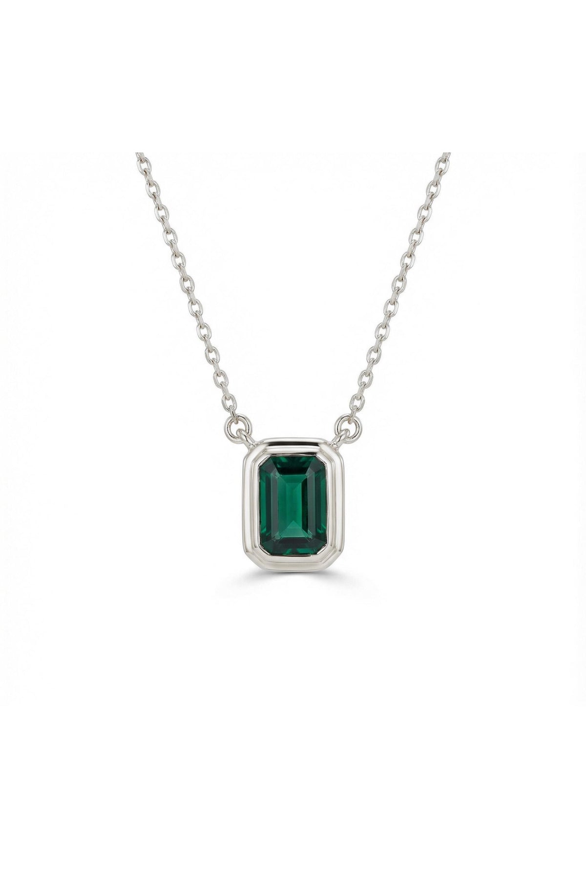 14K Gold Emerald Cut Green Bezel Solitaire Necklace