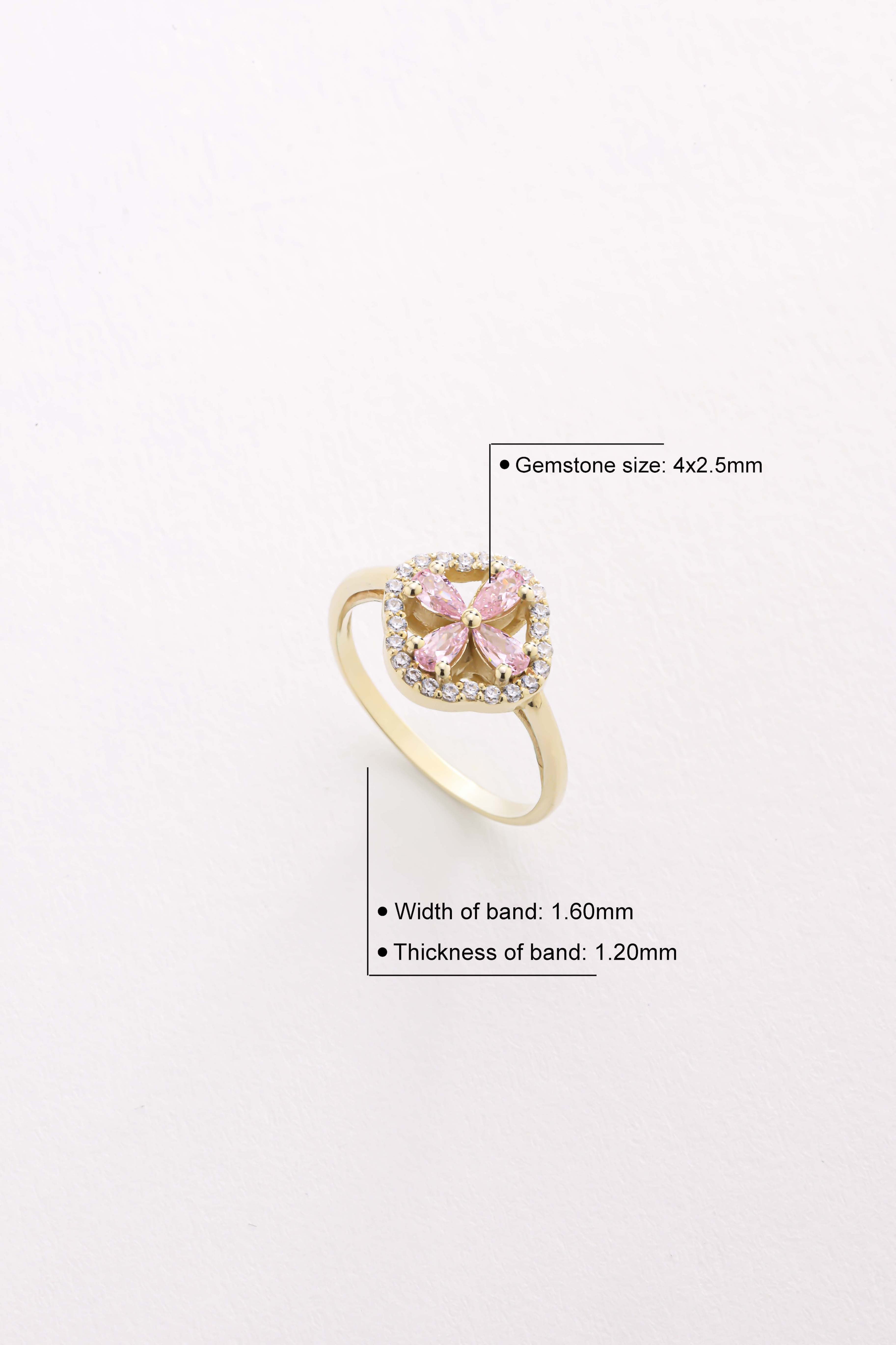 14k Gold Pink Stone Clover Ring