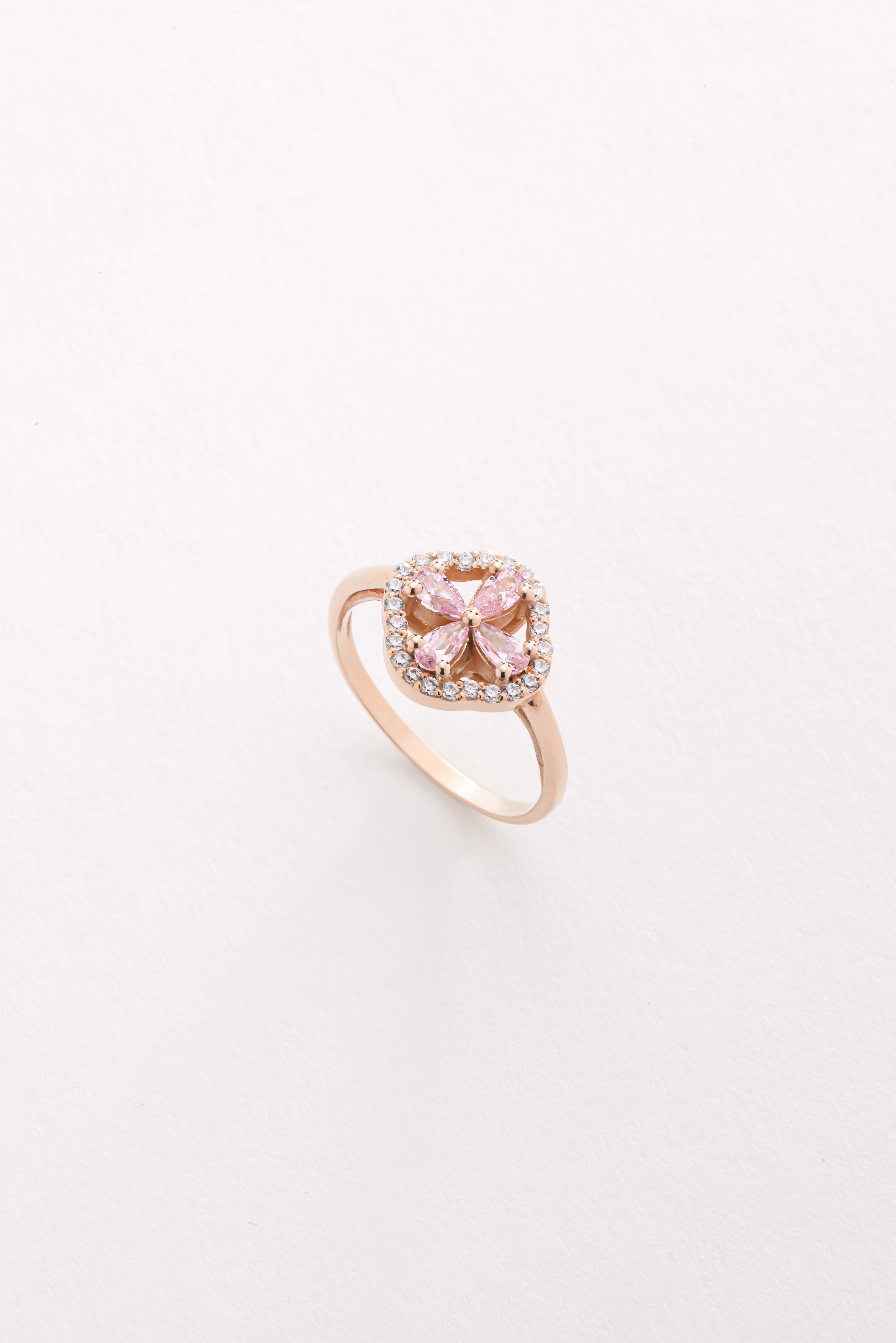 14k Gold Pink Stone Clover Ring