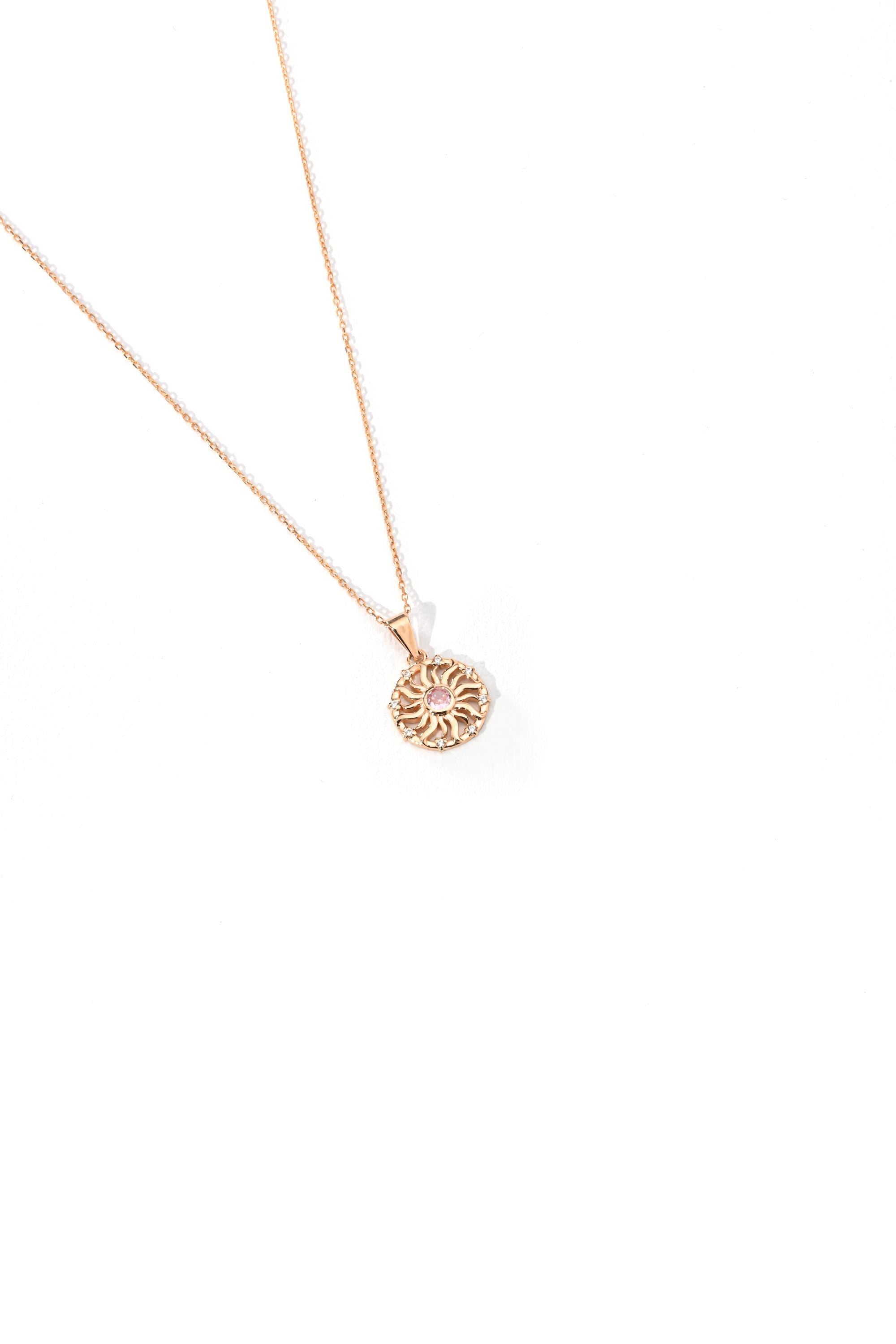 14K Solid Gold Sunburst Necklace with Pink Sapphire