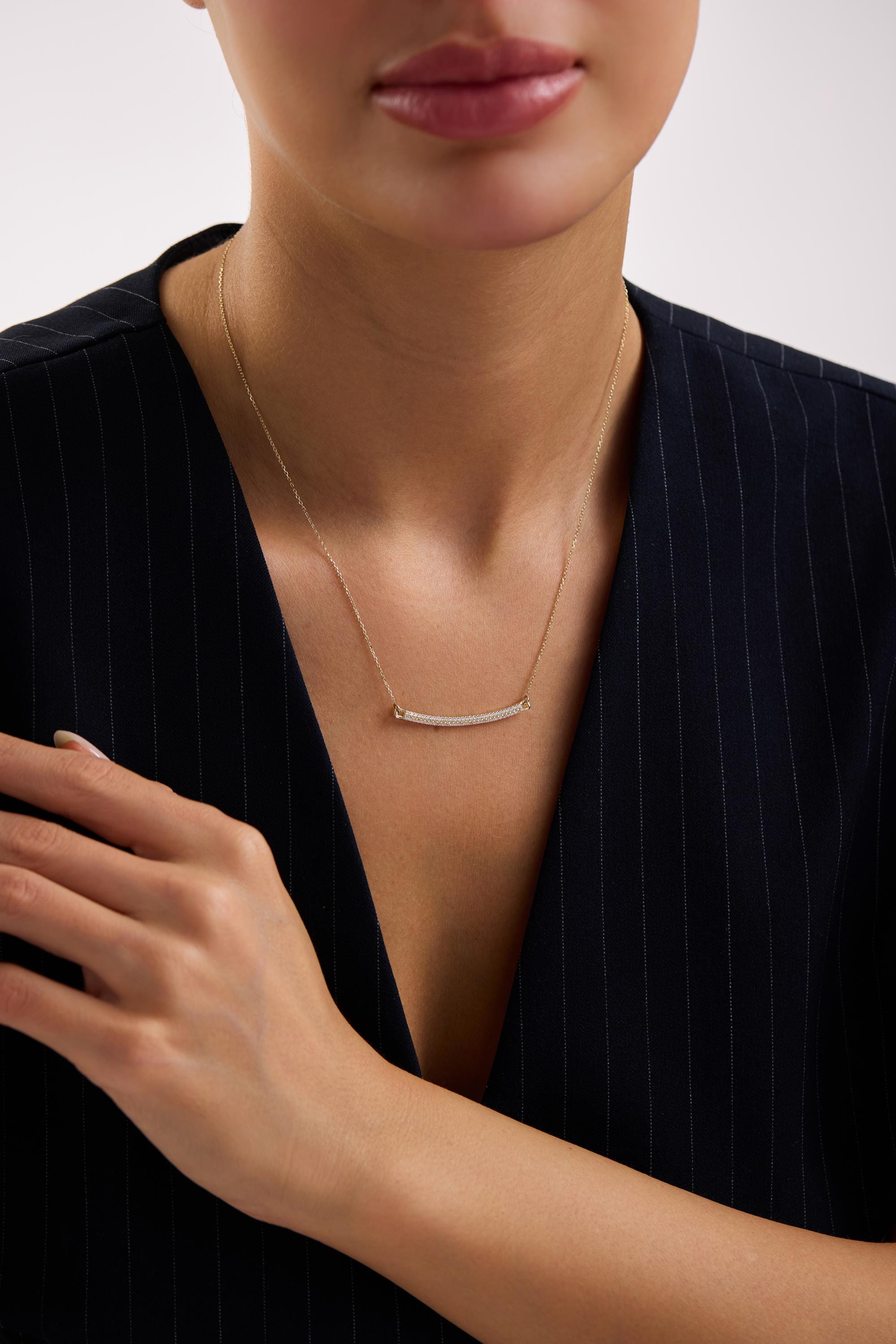 14k Solid Gold Curved Diamond Bar Necklace