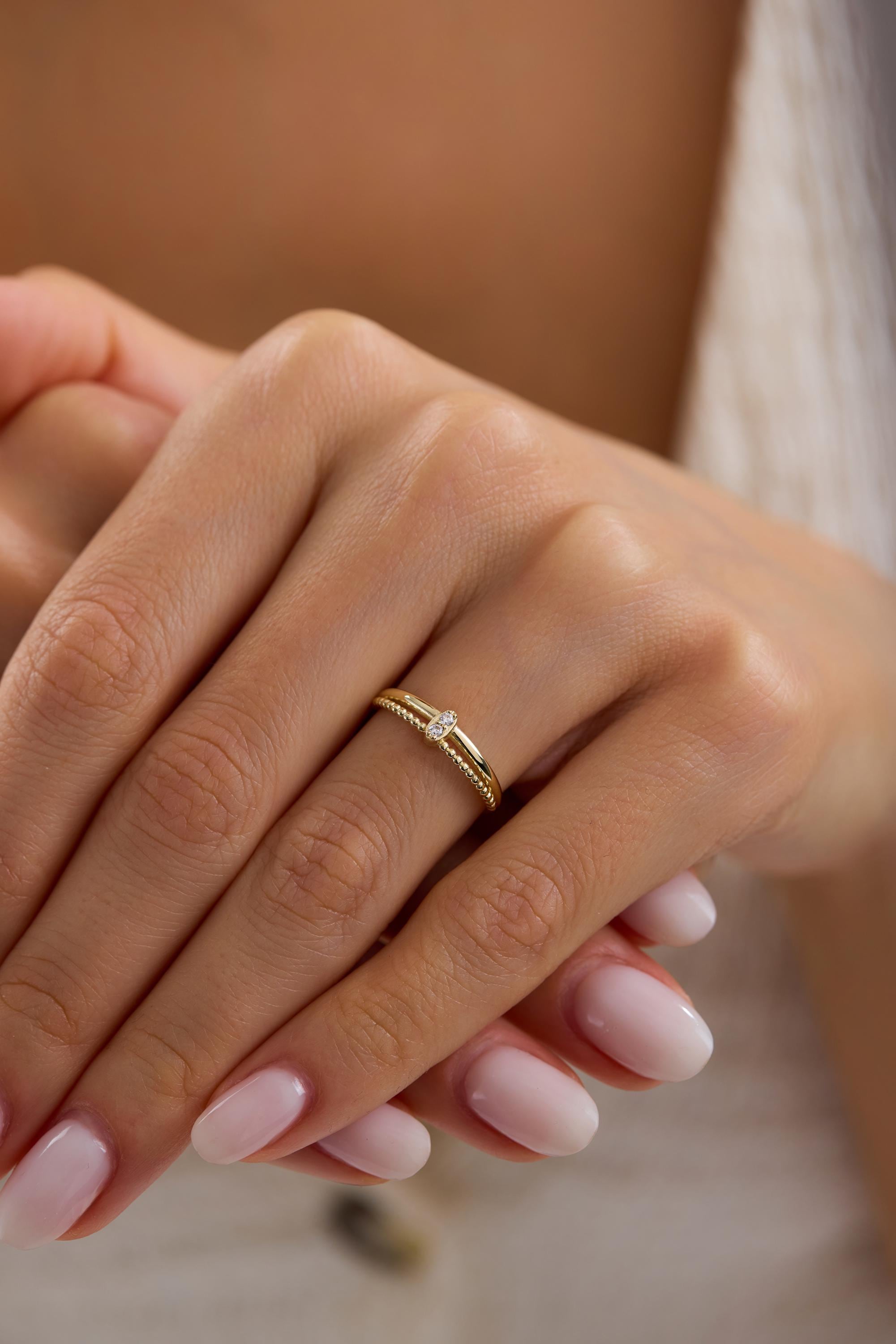 14K Gold Beaded Diamond Ring