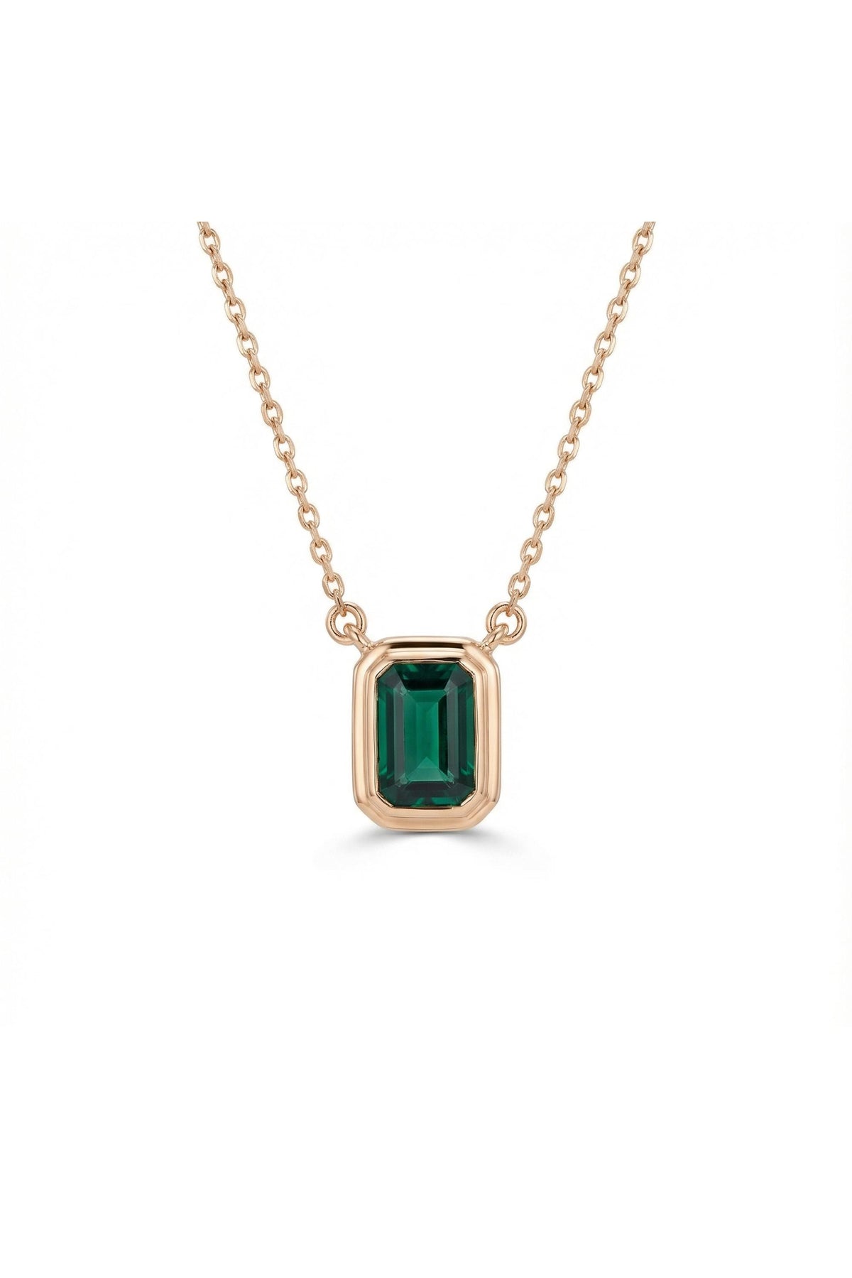 14K Gold Emerald Cut Green Bezel Solitaire Necklace