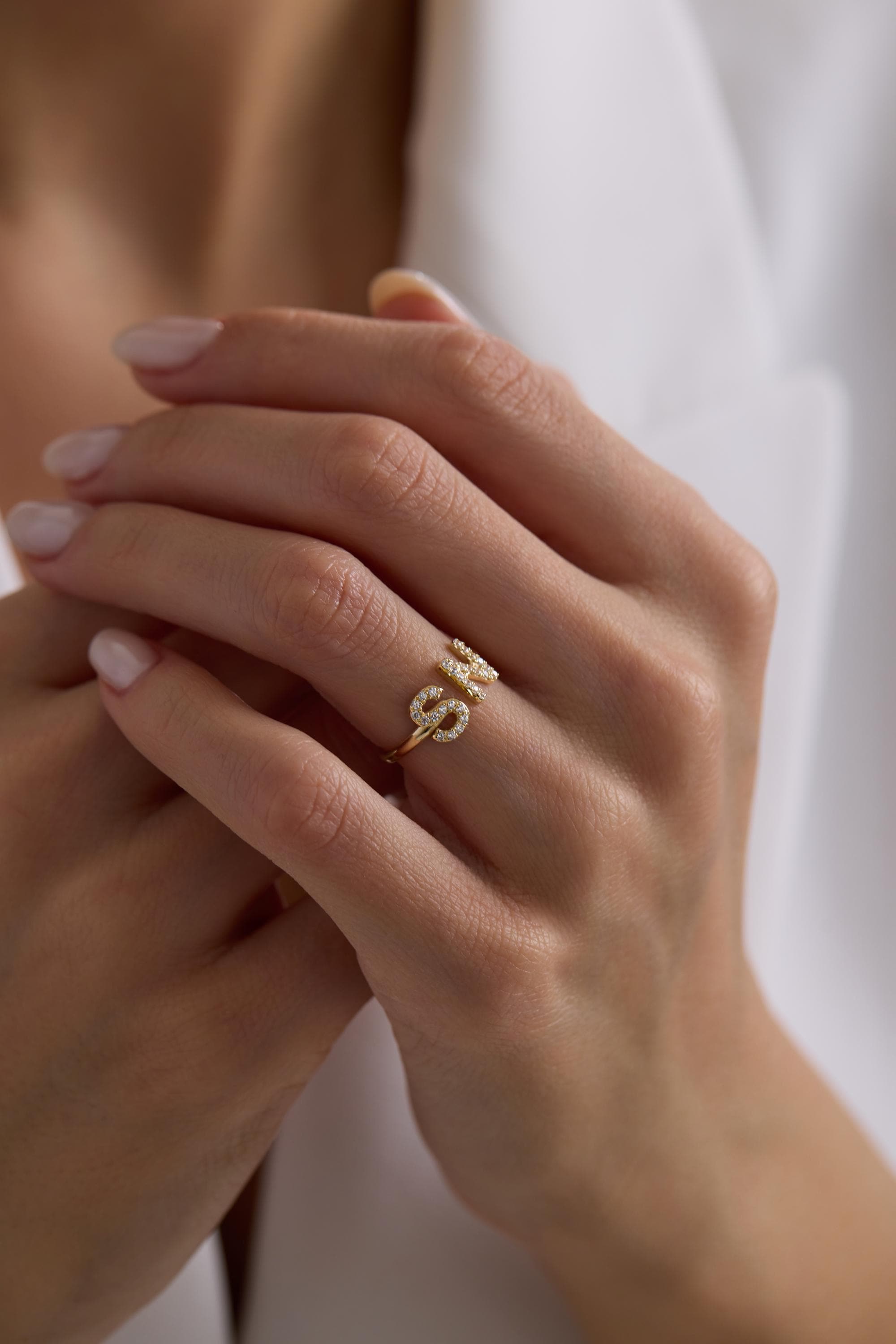 14K Two Initial Letter Ring with Diamonds or Cubic Zirconia