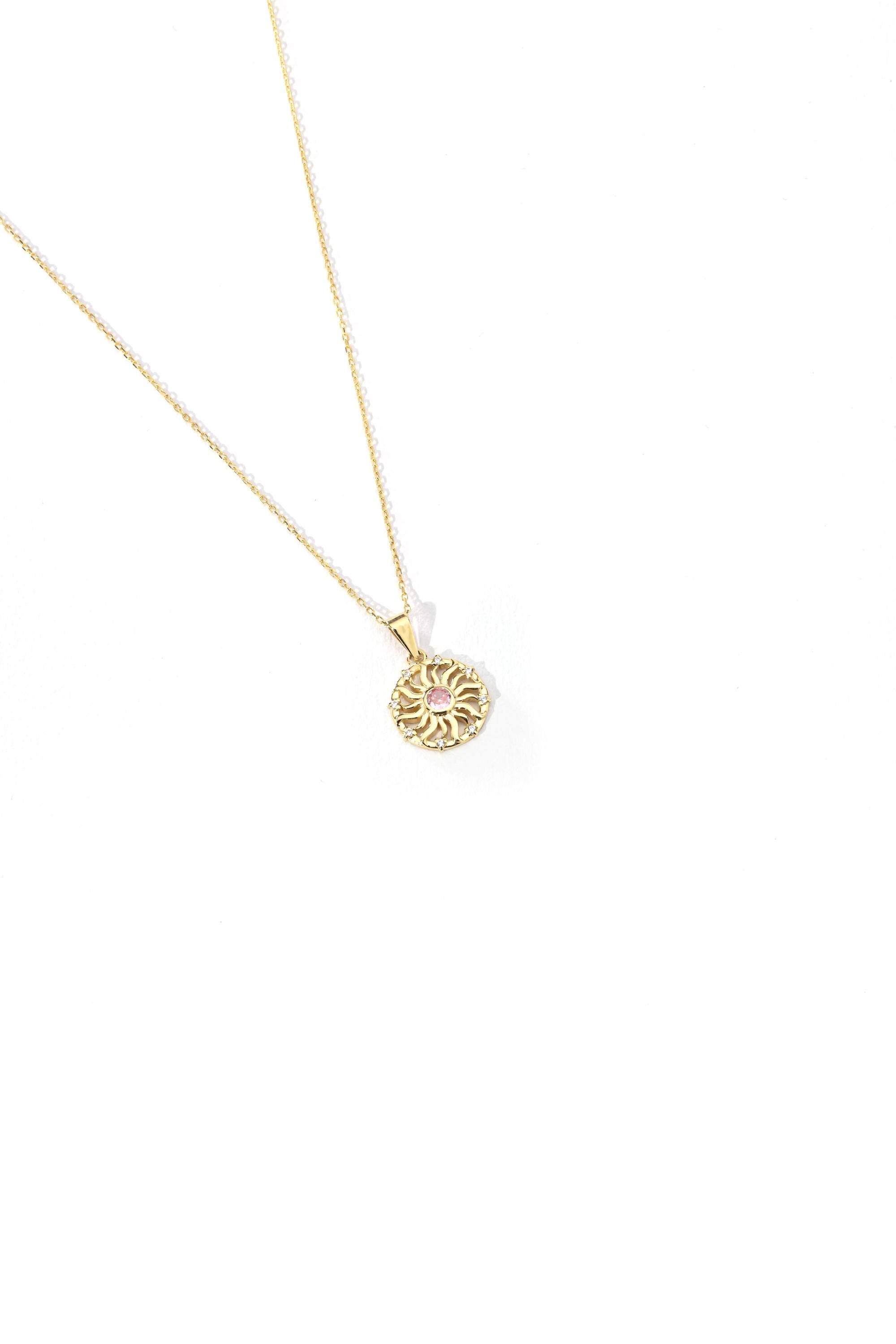14K Solid Gold Sunburst Necklace with Pink Sapphire