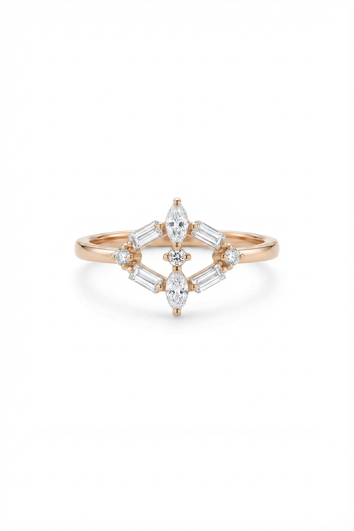 14K Gold Mixed Cut Baguette Marquise Chevron Ring