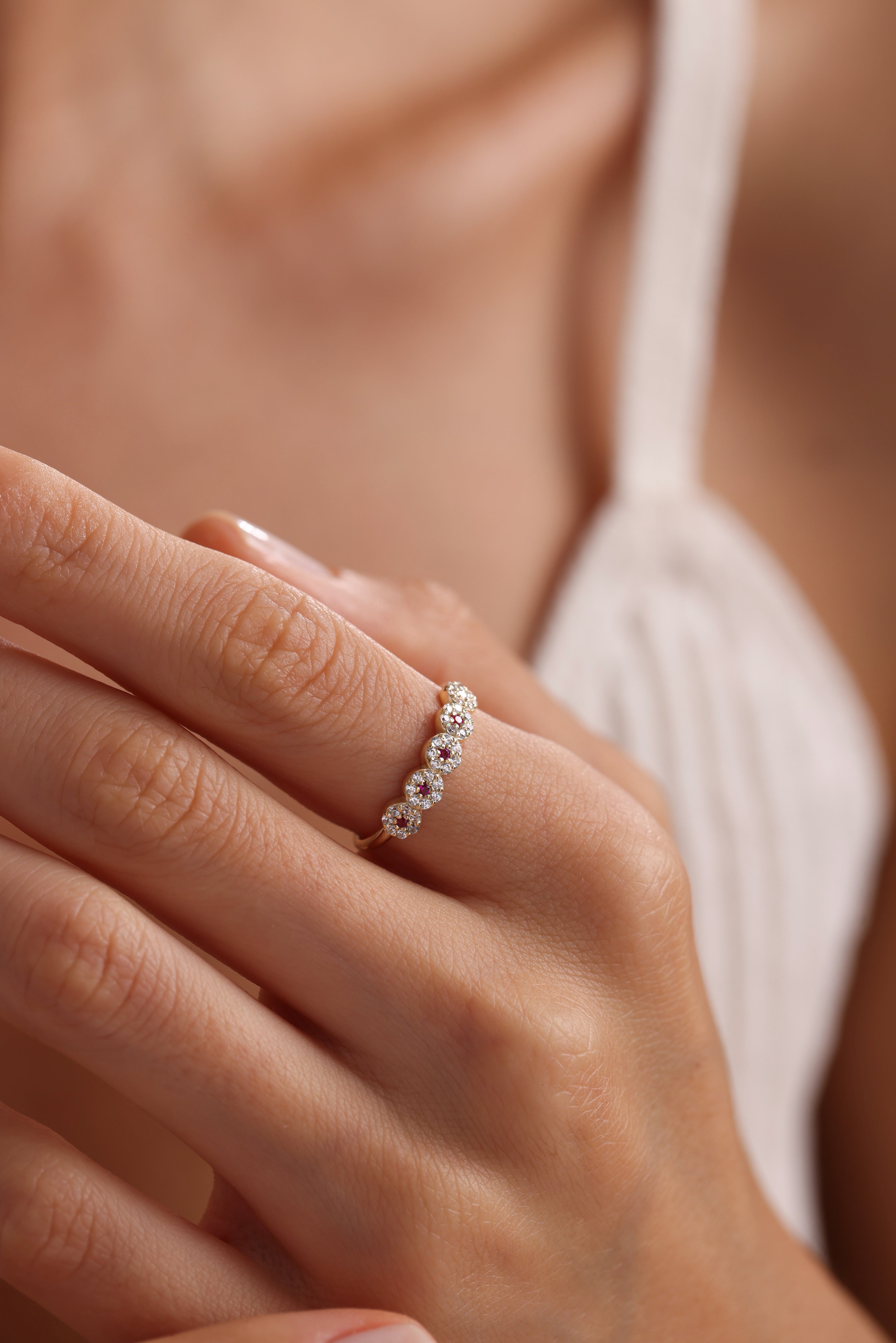 14k Gold Pink Sapphire and Diamond Cluster Band