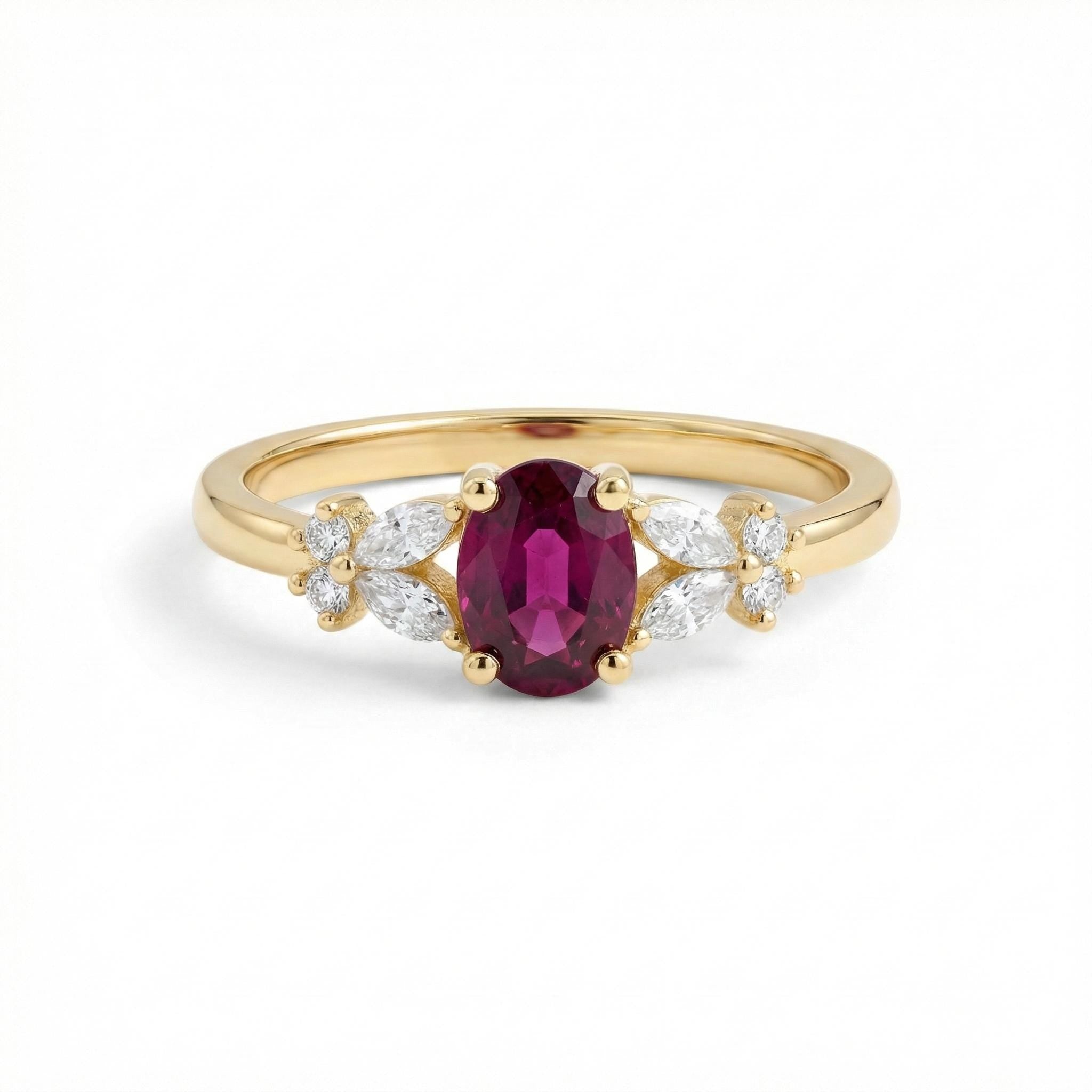 14K Gold Oval Rhodolite Ring Marquise Accent Halo Style Ring