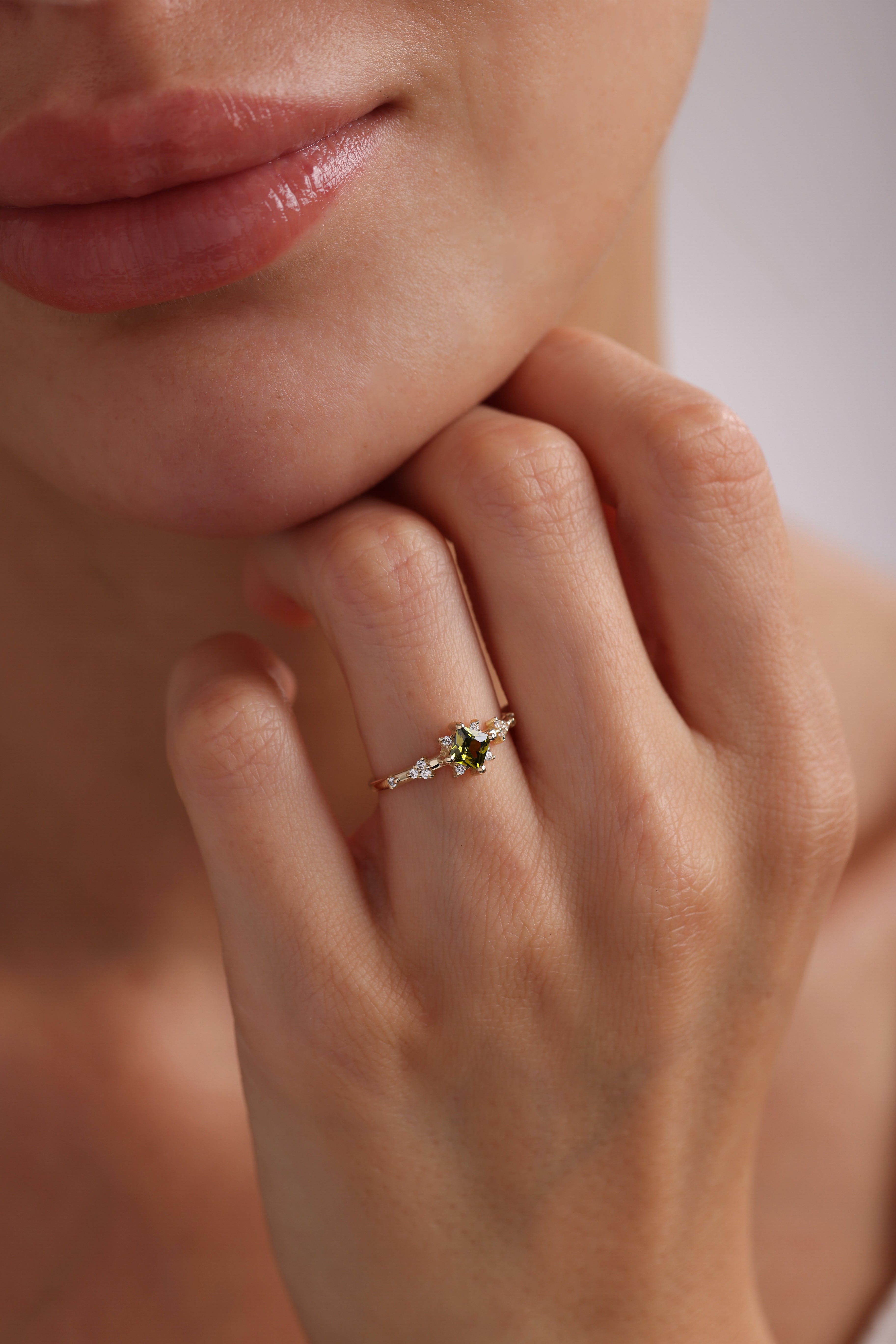 14k Gold Square Peridot Ring