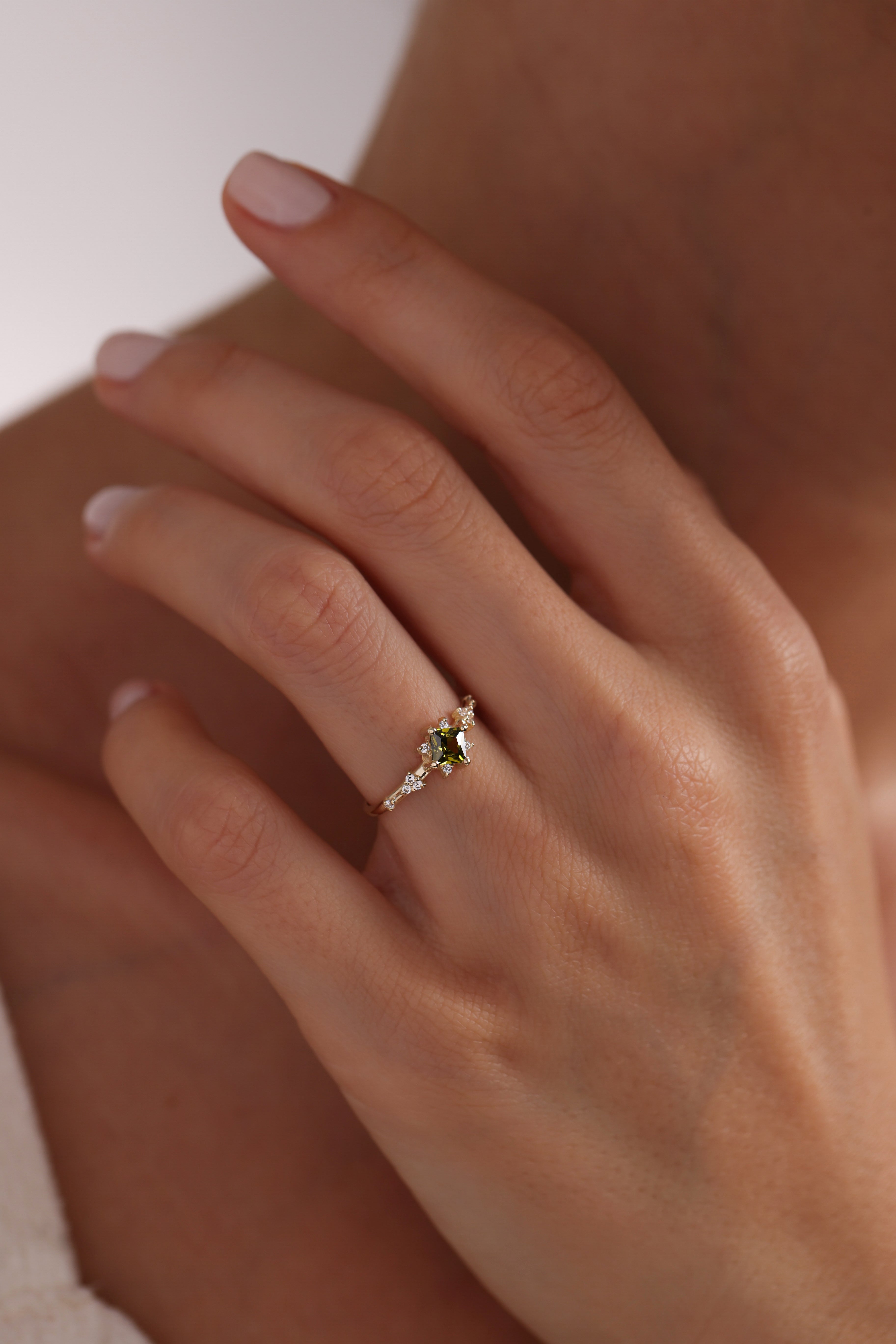 14k Gold Square Peridot Ring