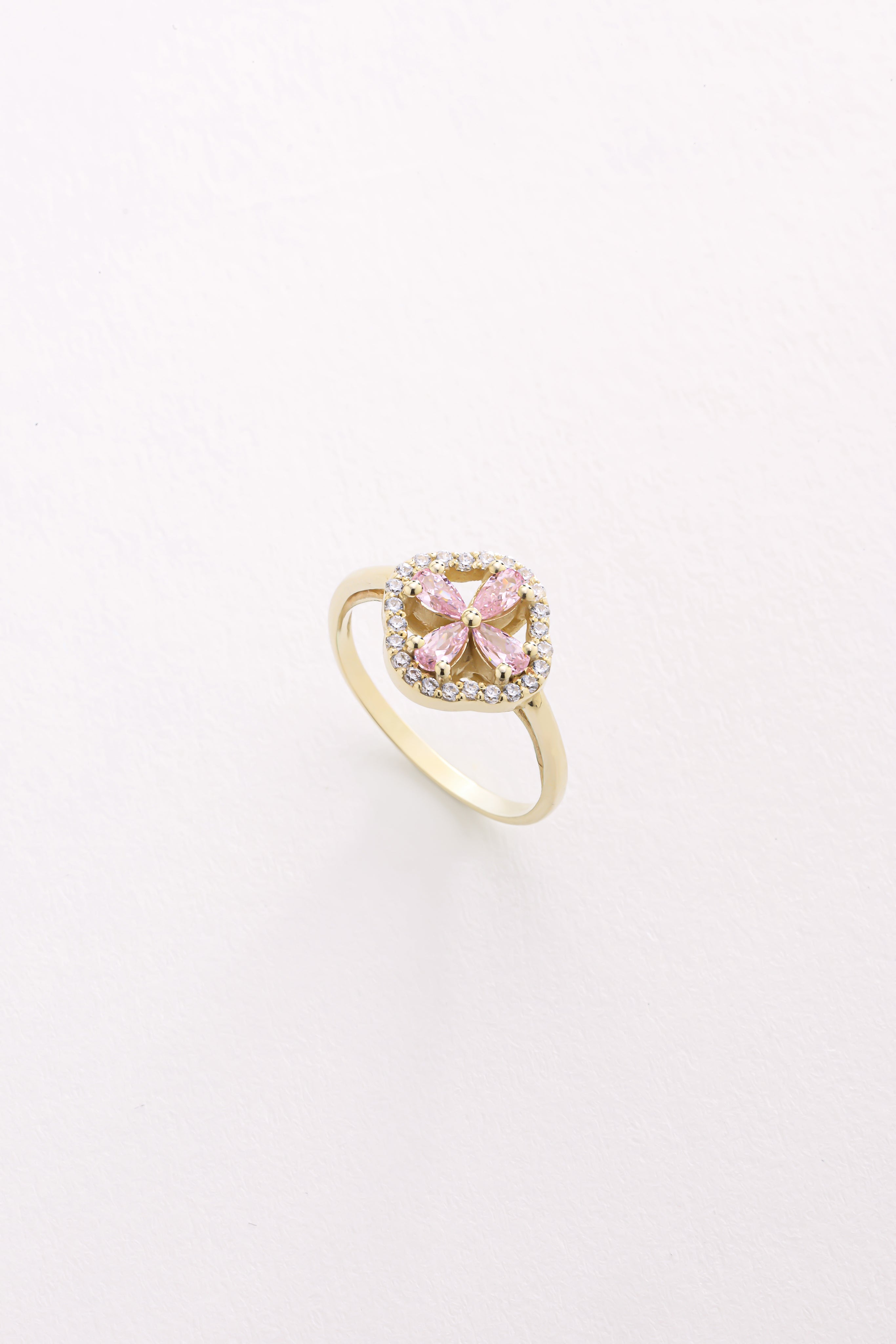 14k Gold Pink Stone Clover Ring