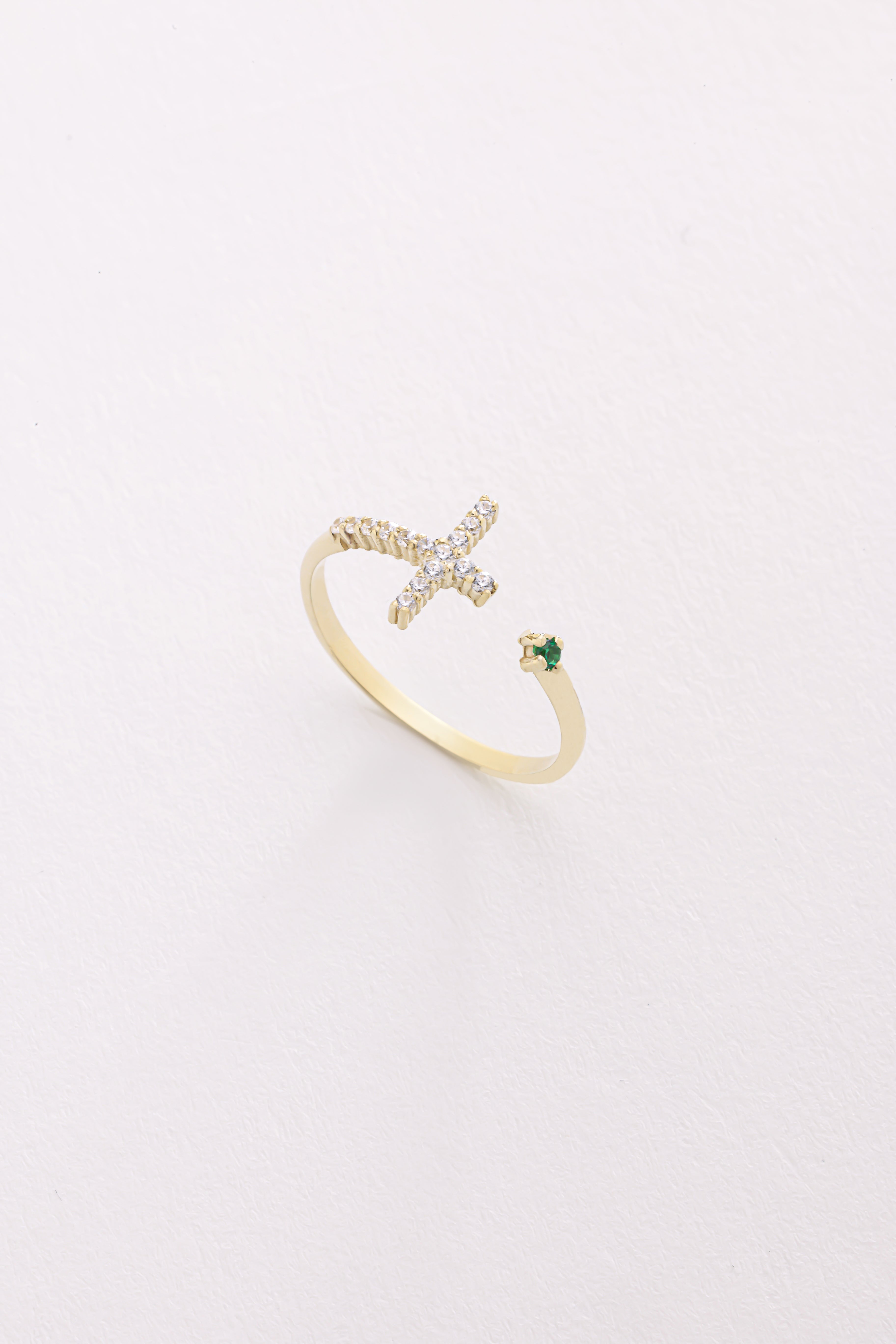 14k Gold Diamond Cross Open Ring with Emerald Accent