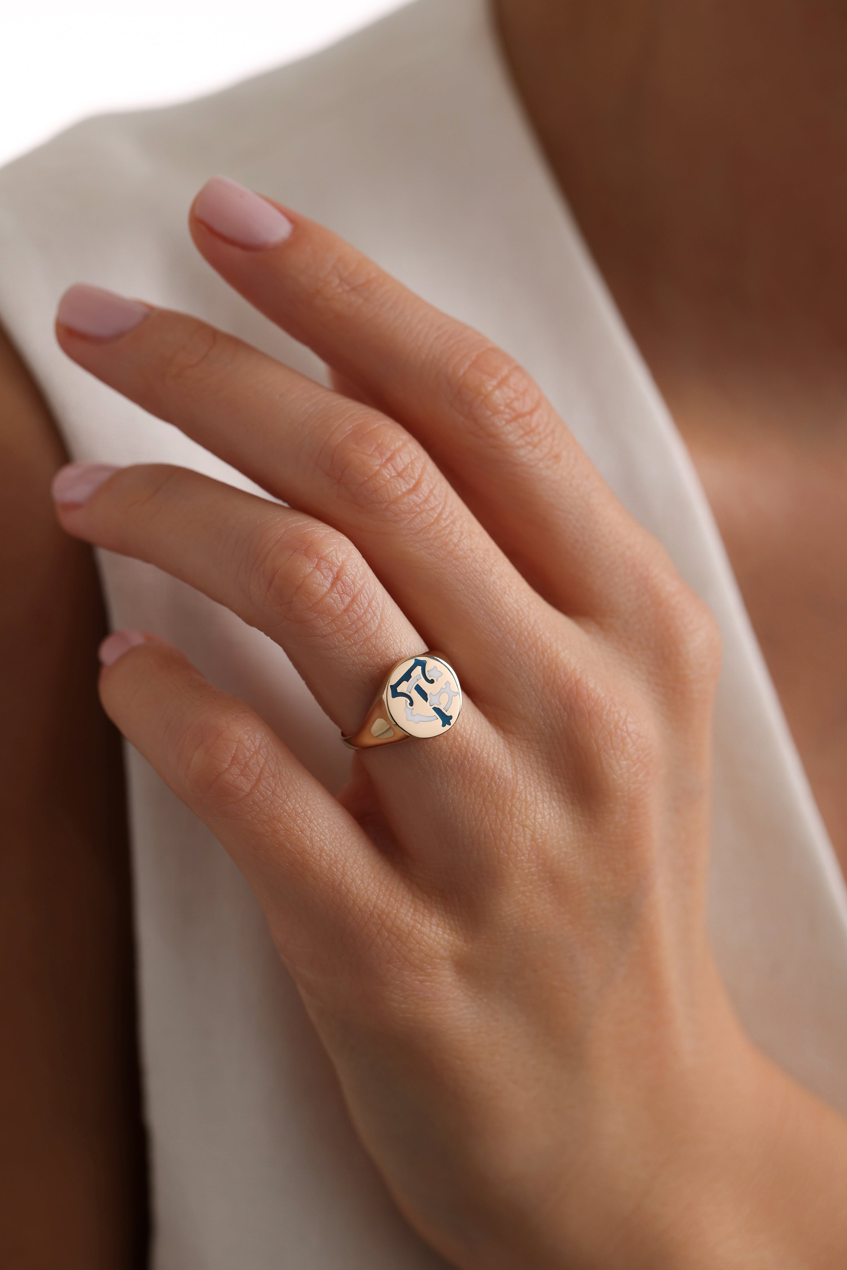 14k Gold Enamel Engraved Signet Ring