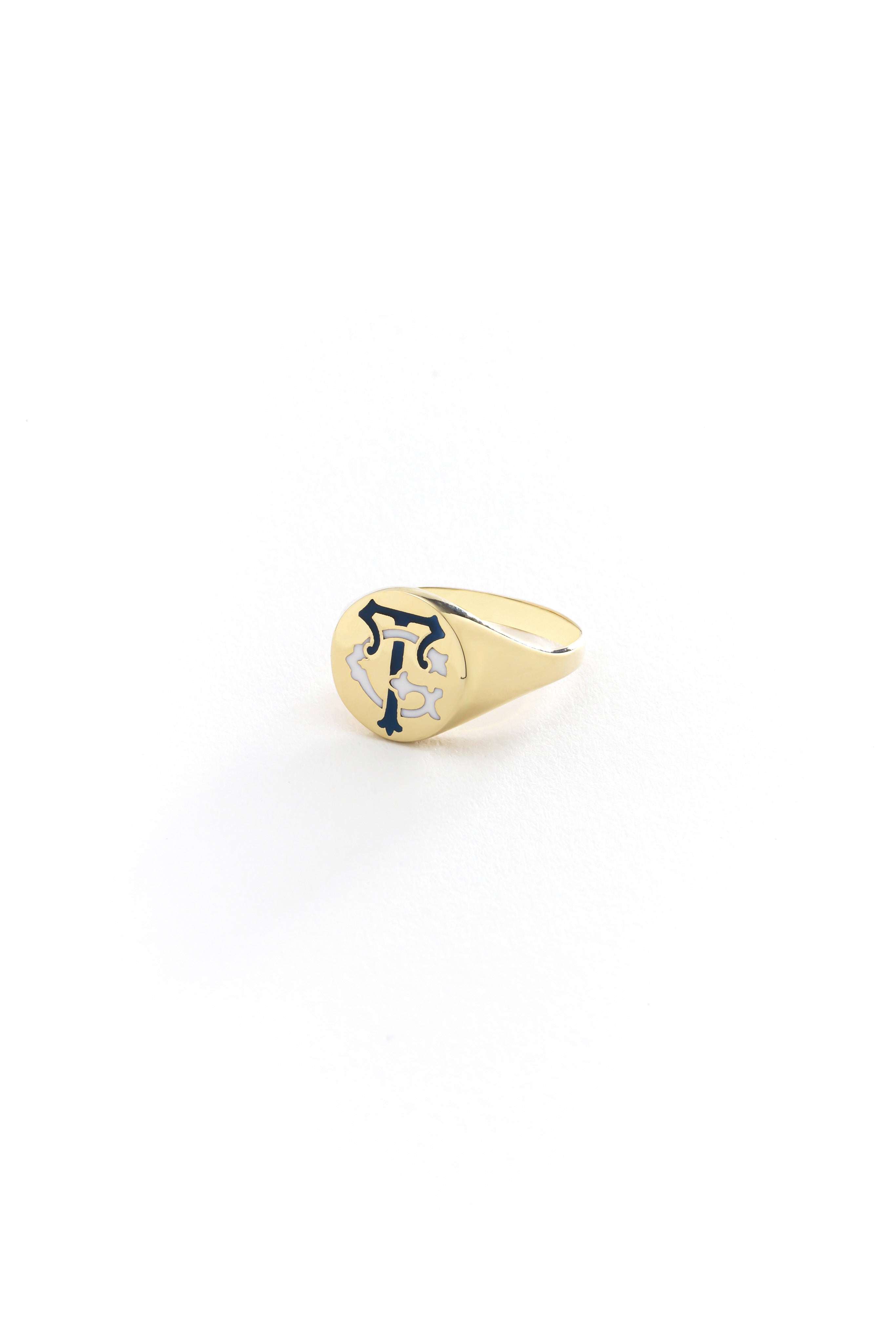 14k Gold Enamel Engraved Signet Ring