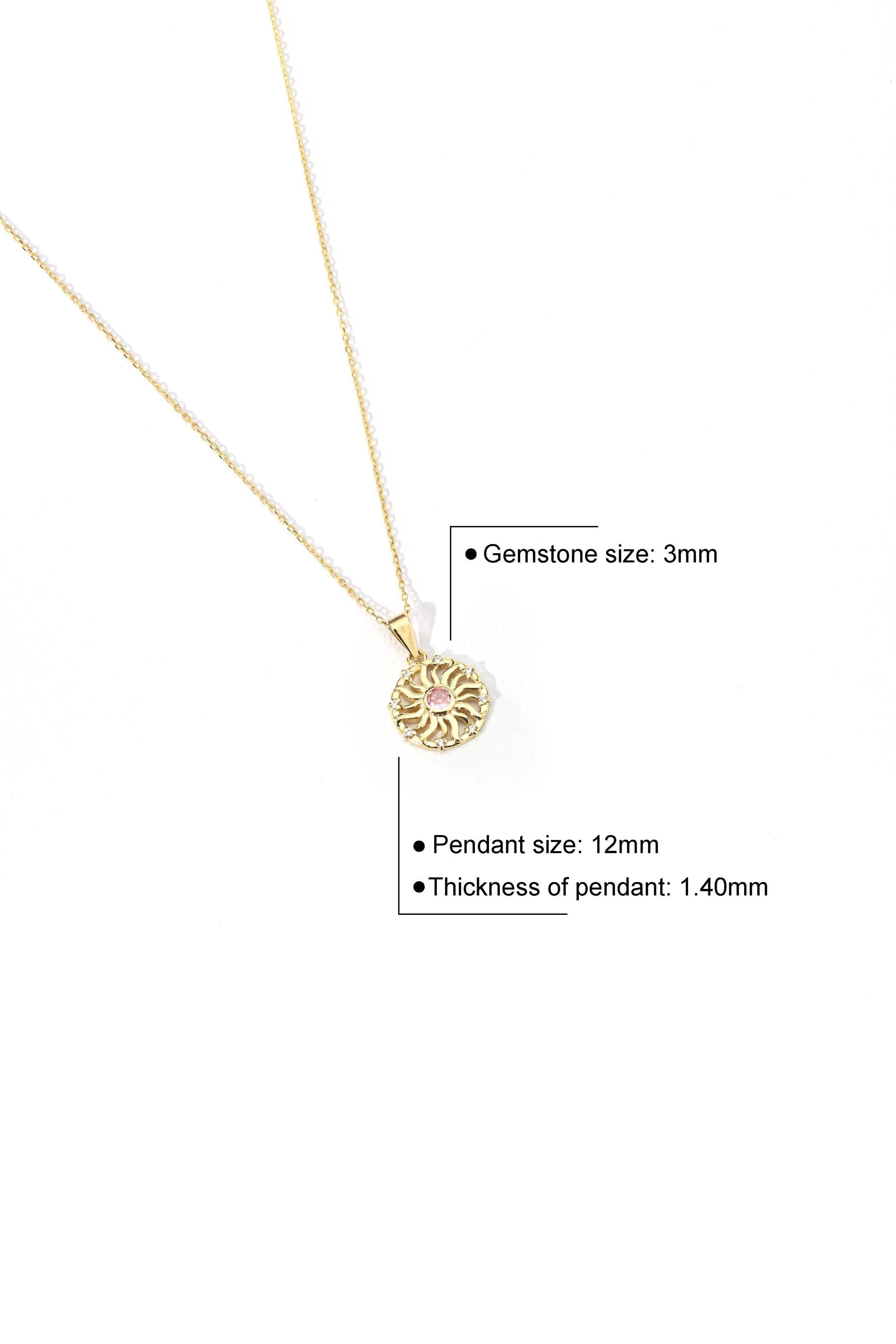 14K Solid Gold Sunburst Necklace with Pink Sapphire