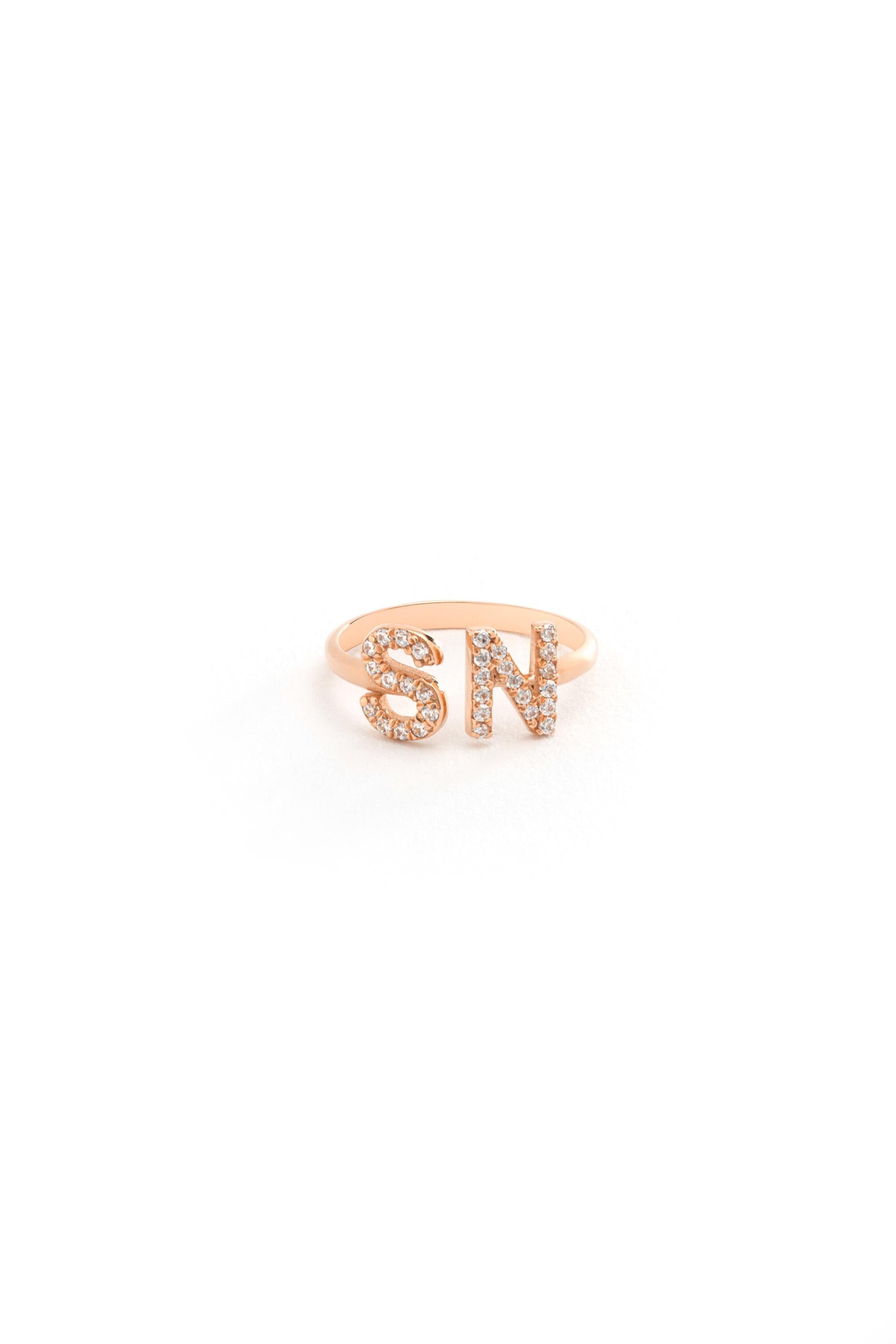 14K Two Initial Letter Ring with Diamonds or Cubic Zirconia