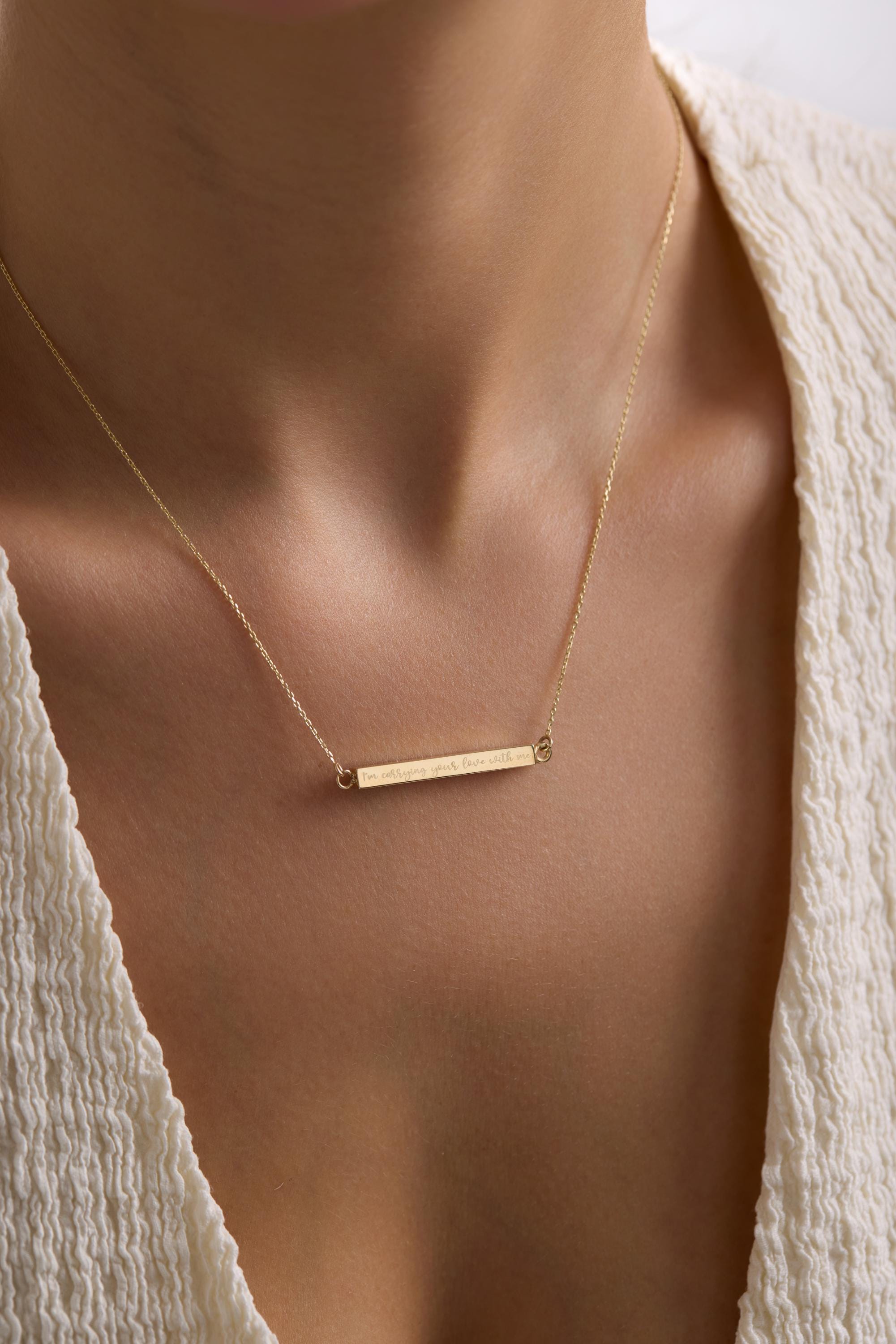 14k Gold Horizontally 3D Full Solid Bar Necklace