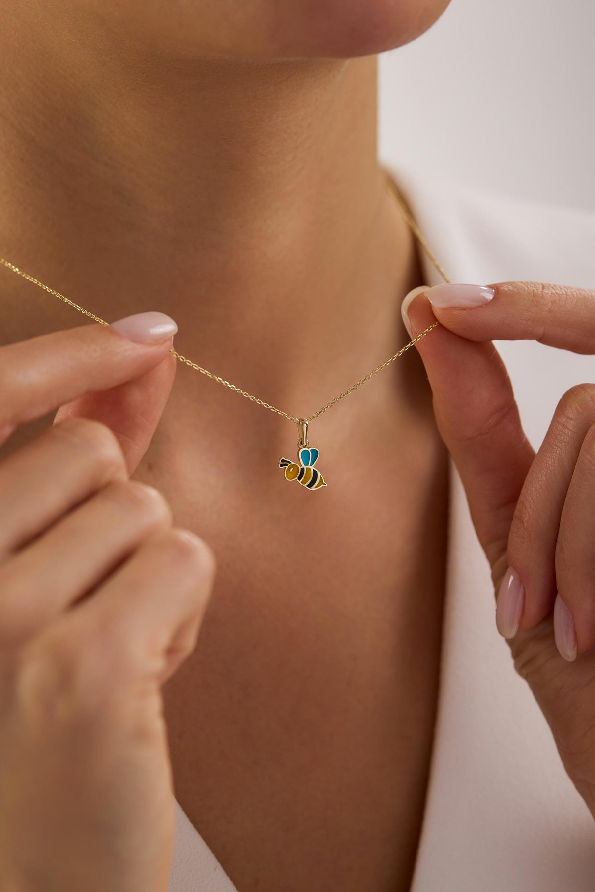 14K Gold Enamel Bumblebee Pendant Necklace