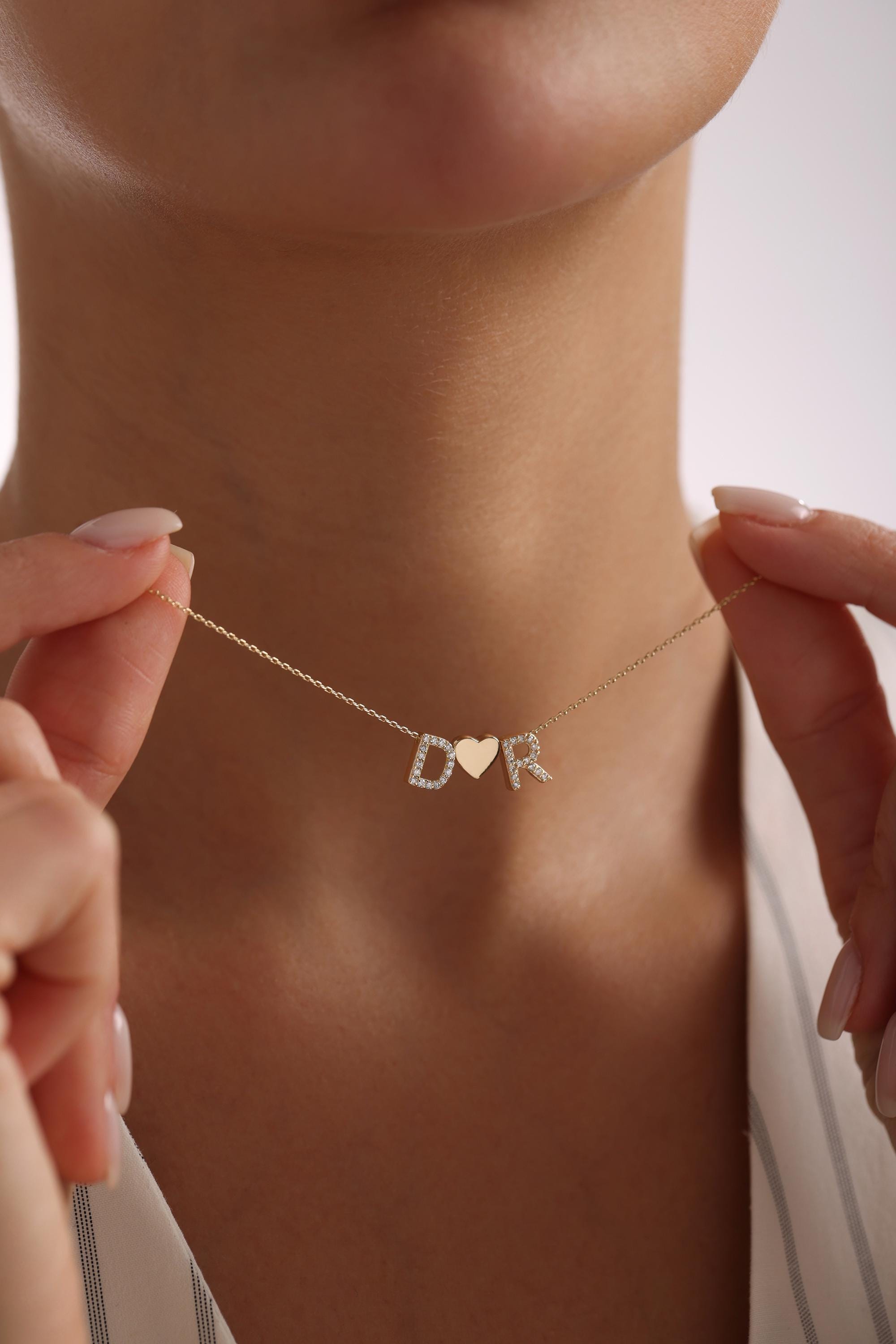 14K Gold Diamond Letters With Heart Necklace