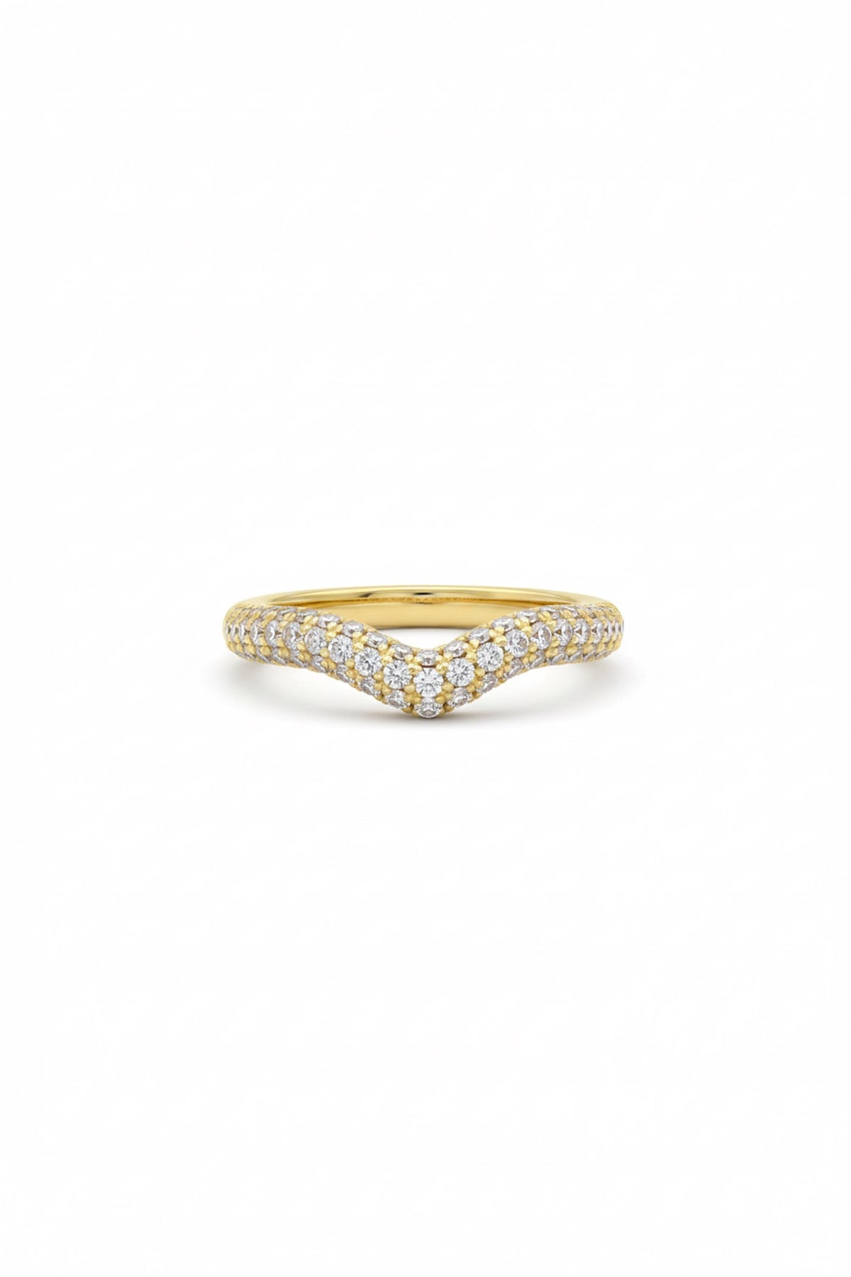 May include: A gold-colored ring with a curved design, encrusted with small, sparkling white gemstones. The ring's band is a solid gold color, and the gemstones are closely set along the top curve. The ring is set against a white background.