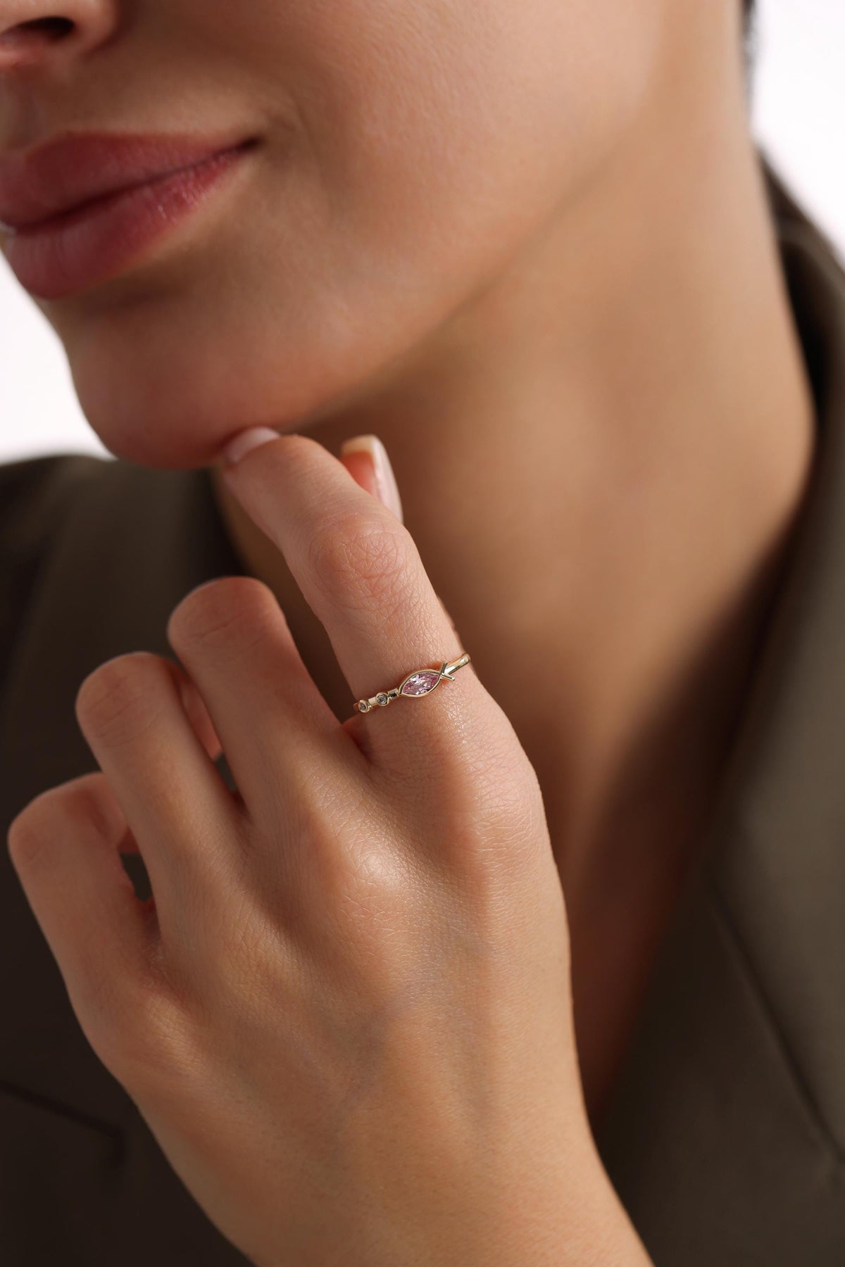 14K Solid Gold Pink Sapphire Fish Ring