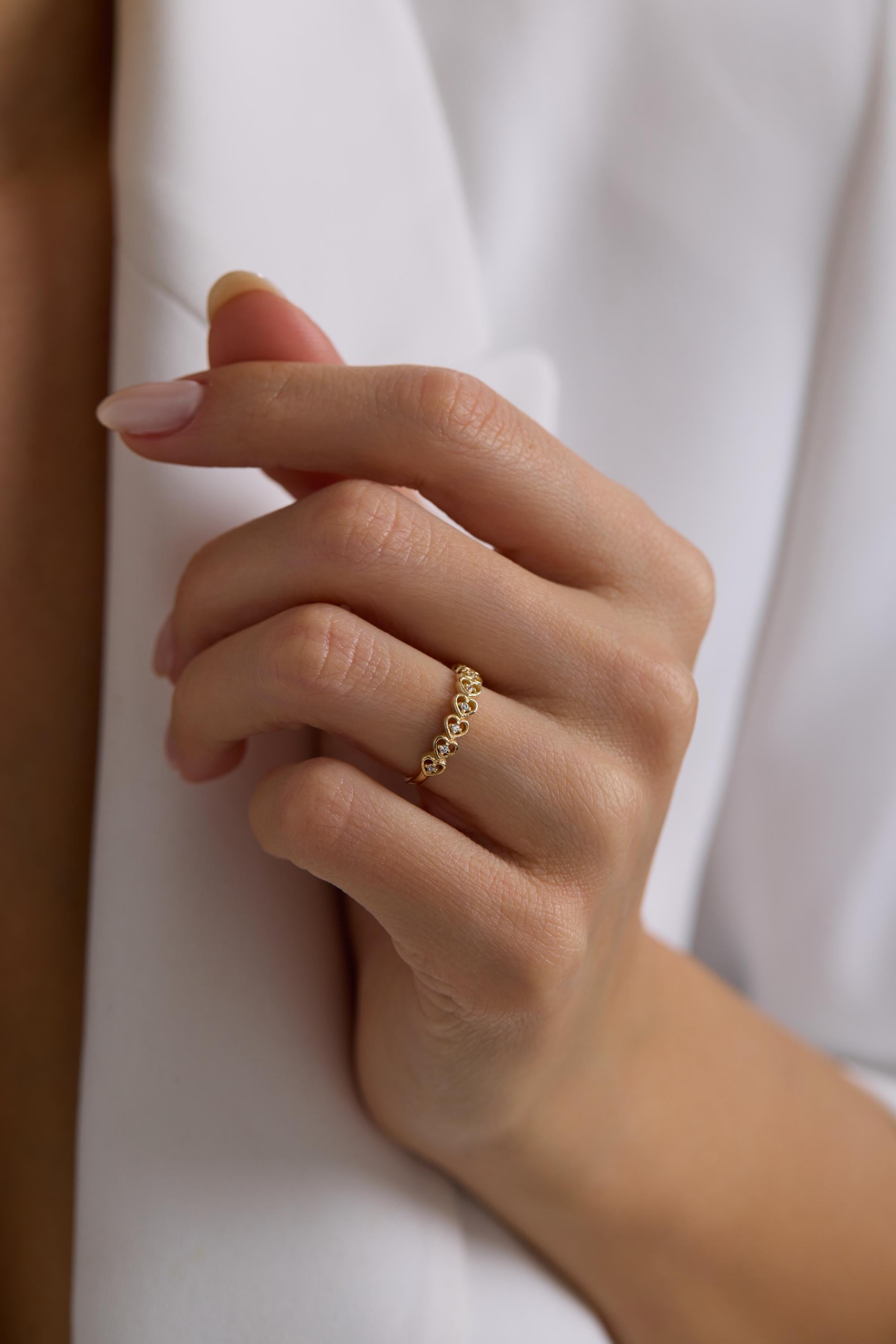 14K Gold CZ  Heart Band
