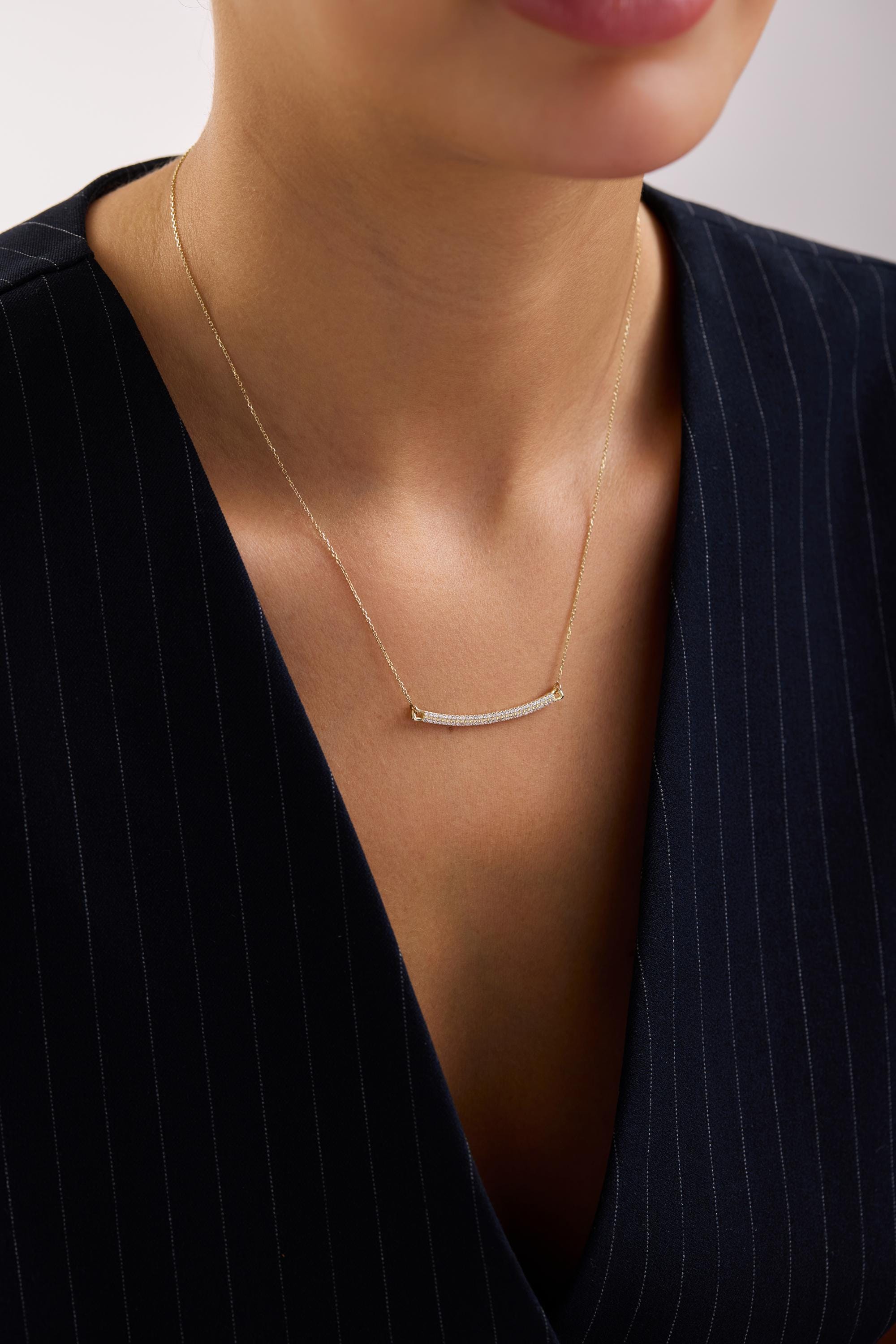14k Solid Gold Curved Diamond Bar Necklace