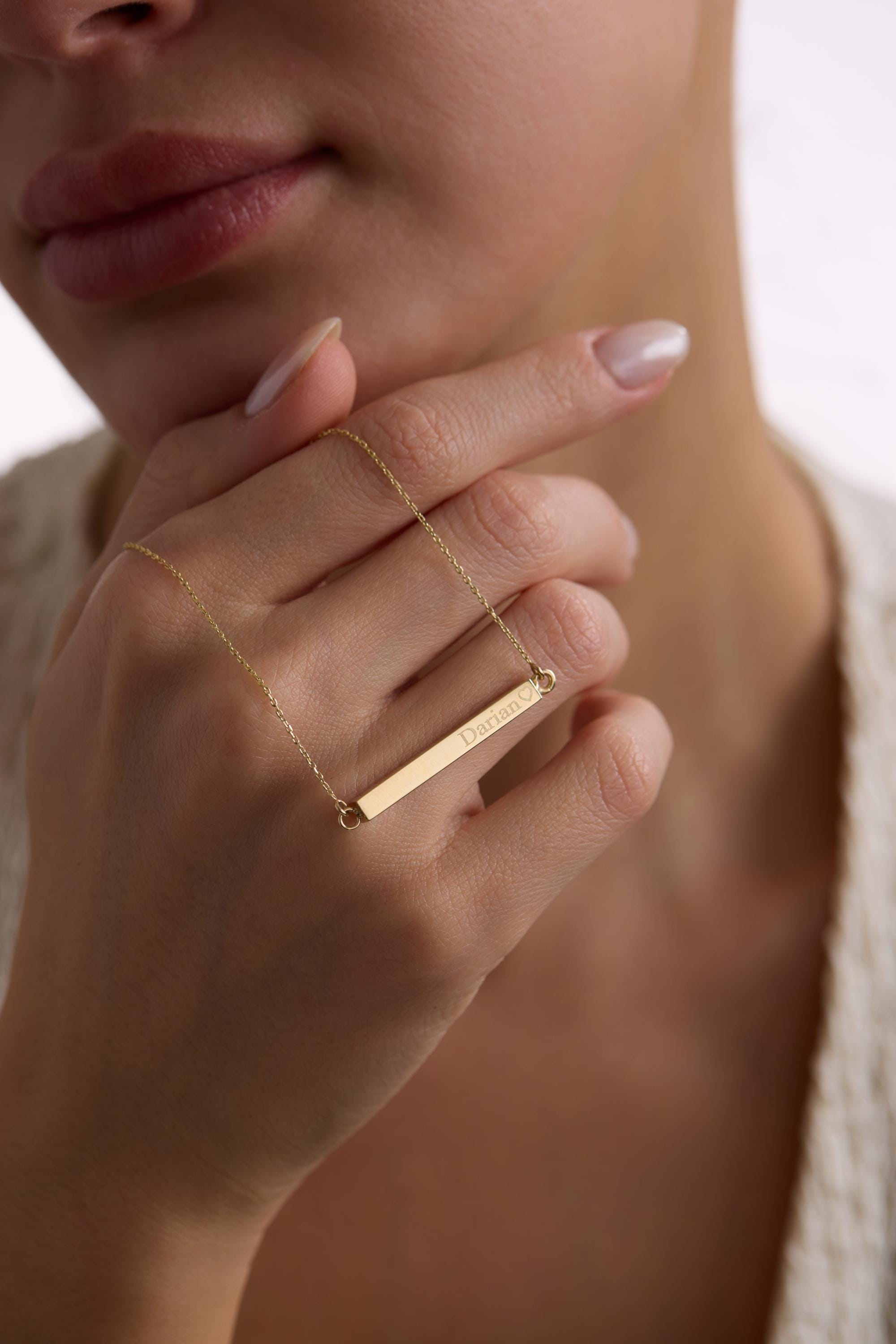 14k Gold Horizontally 3D Full Solid Bar Necklace