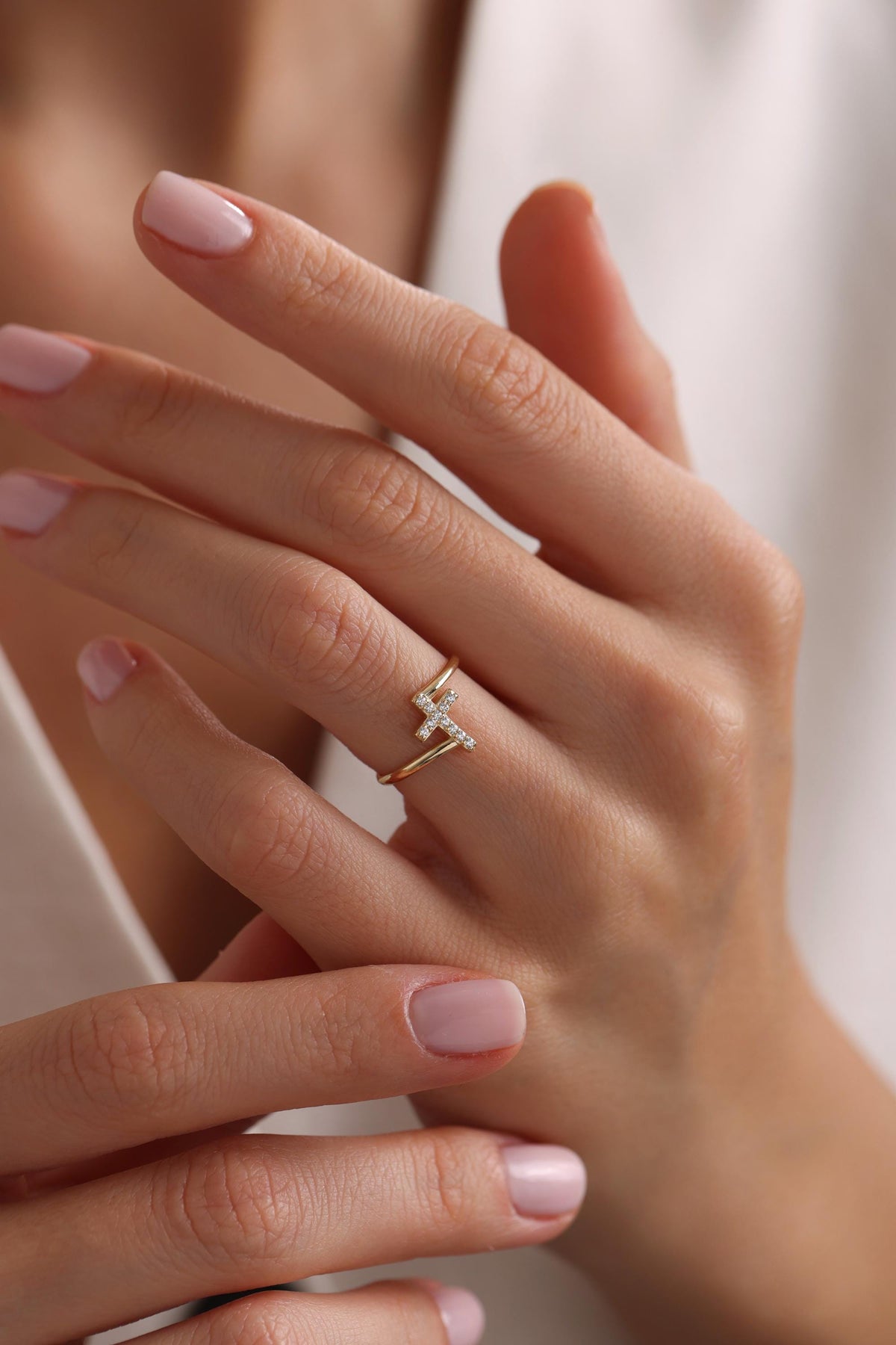 14K Pave Cz Small Cross Ring