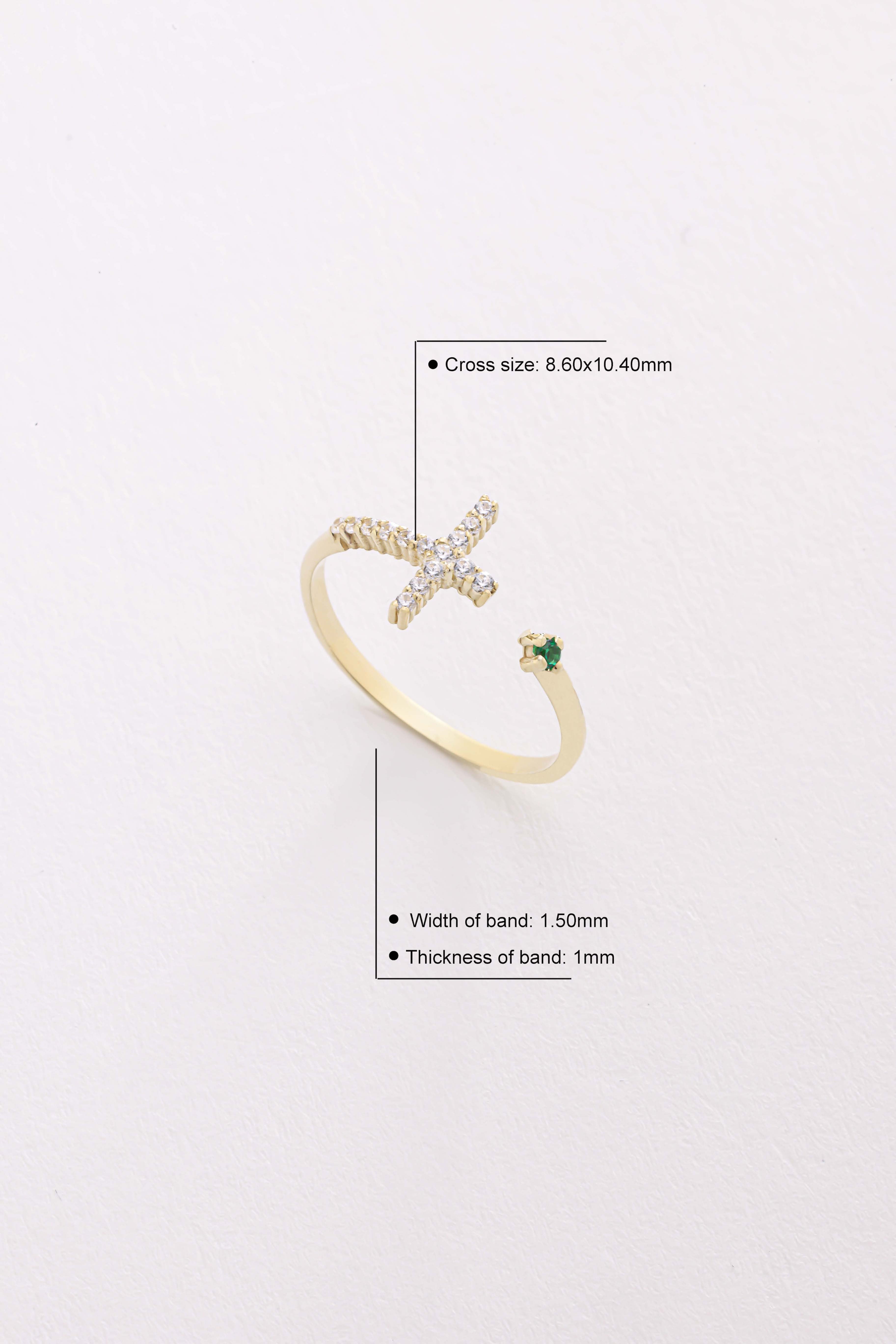 14k Gold Diamond Cross Open Ring with Emerald Accent