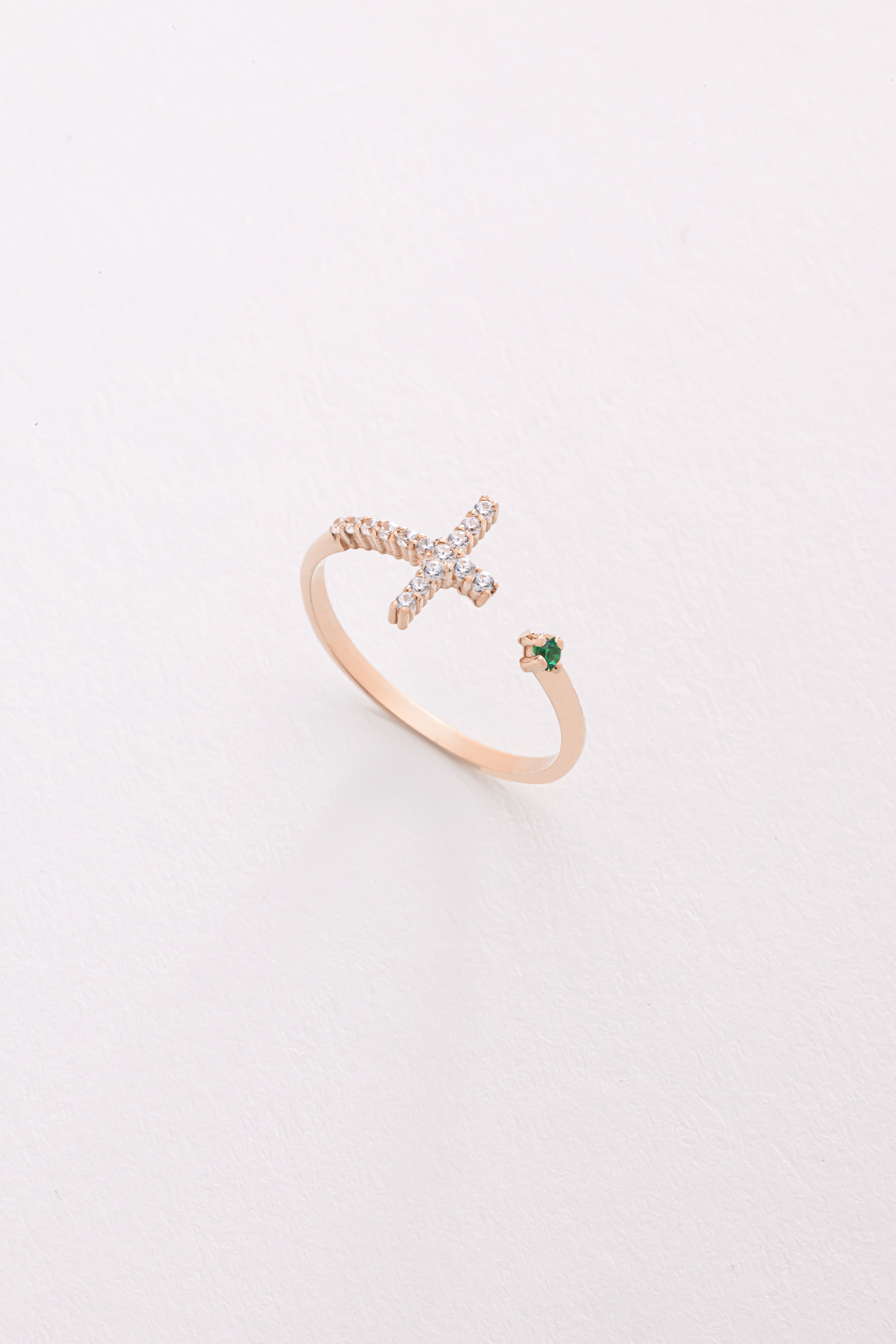 14k Gold Diamond Cross Open Ring with Emerald Accent