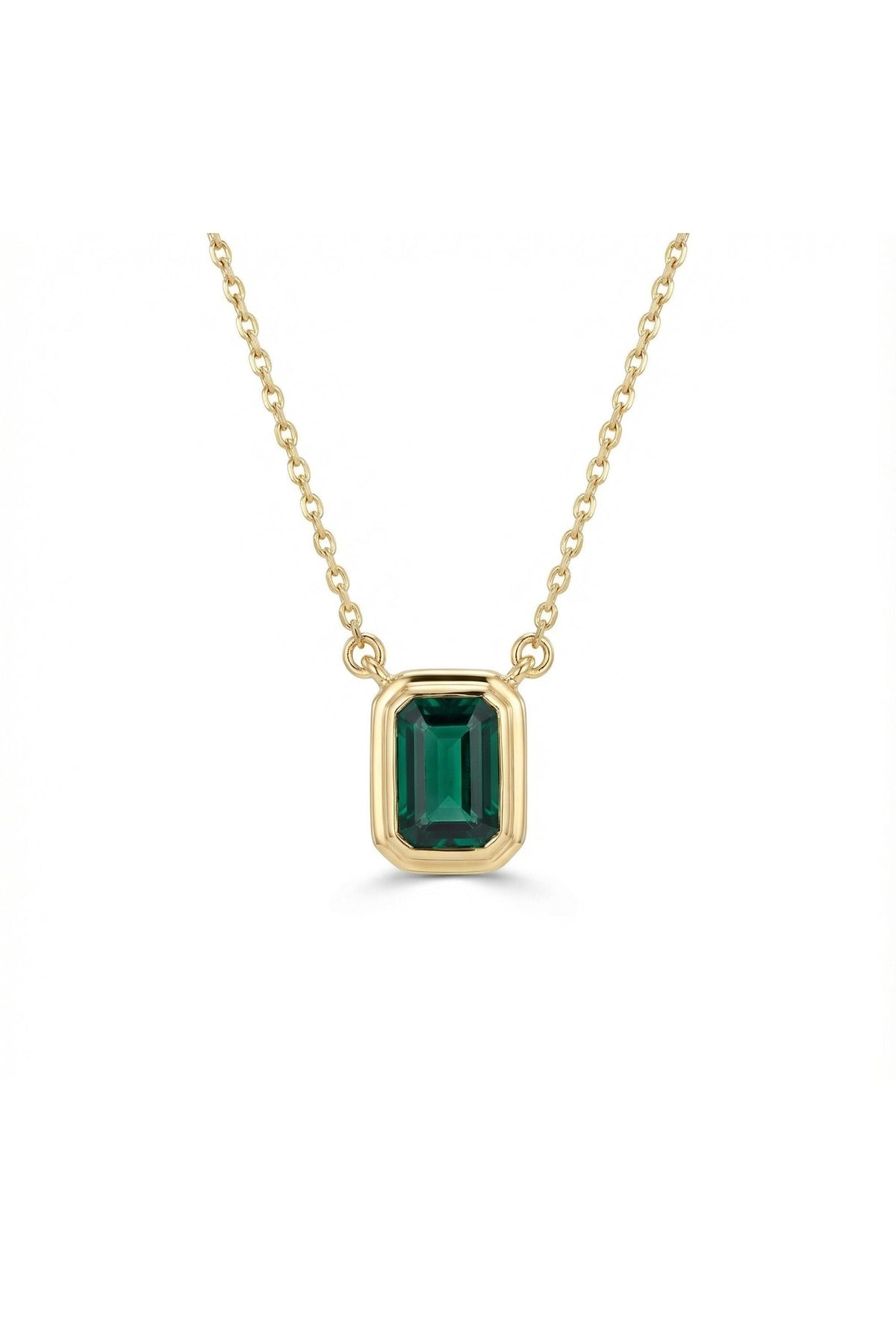14K Gold Emerald Cut Green Bezel Solitaire Necklace