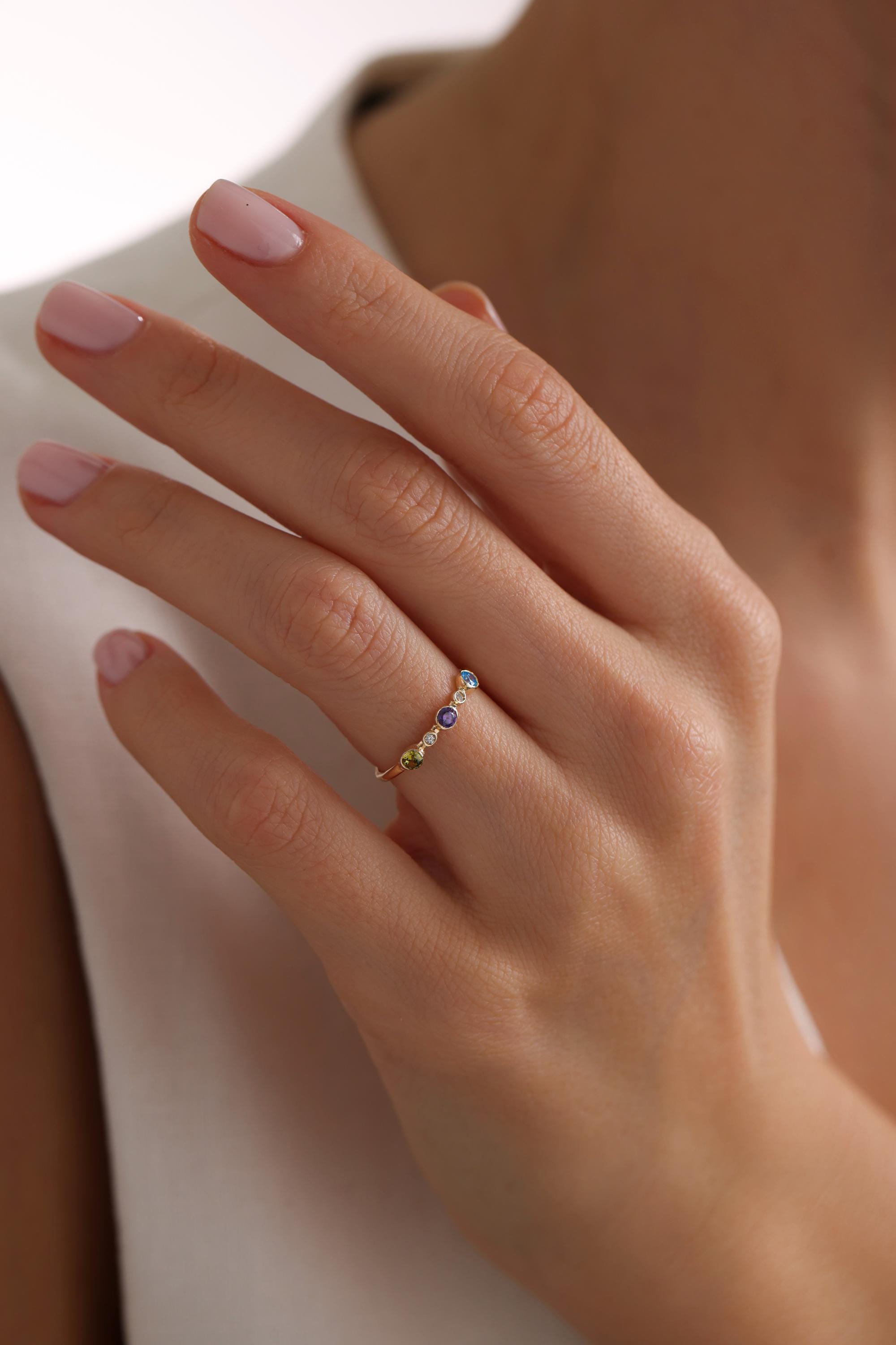 14K Rose Gold Multi-Gemstone Bezel Stacking Ring