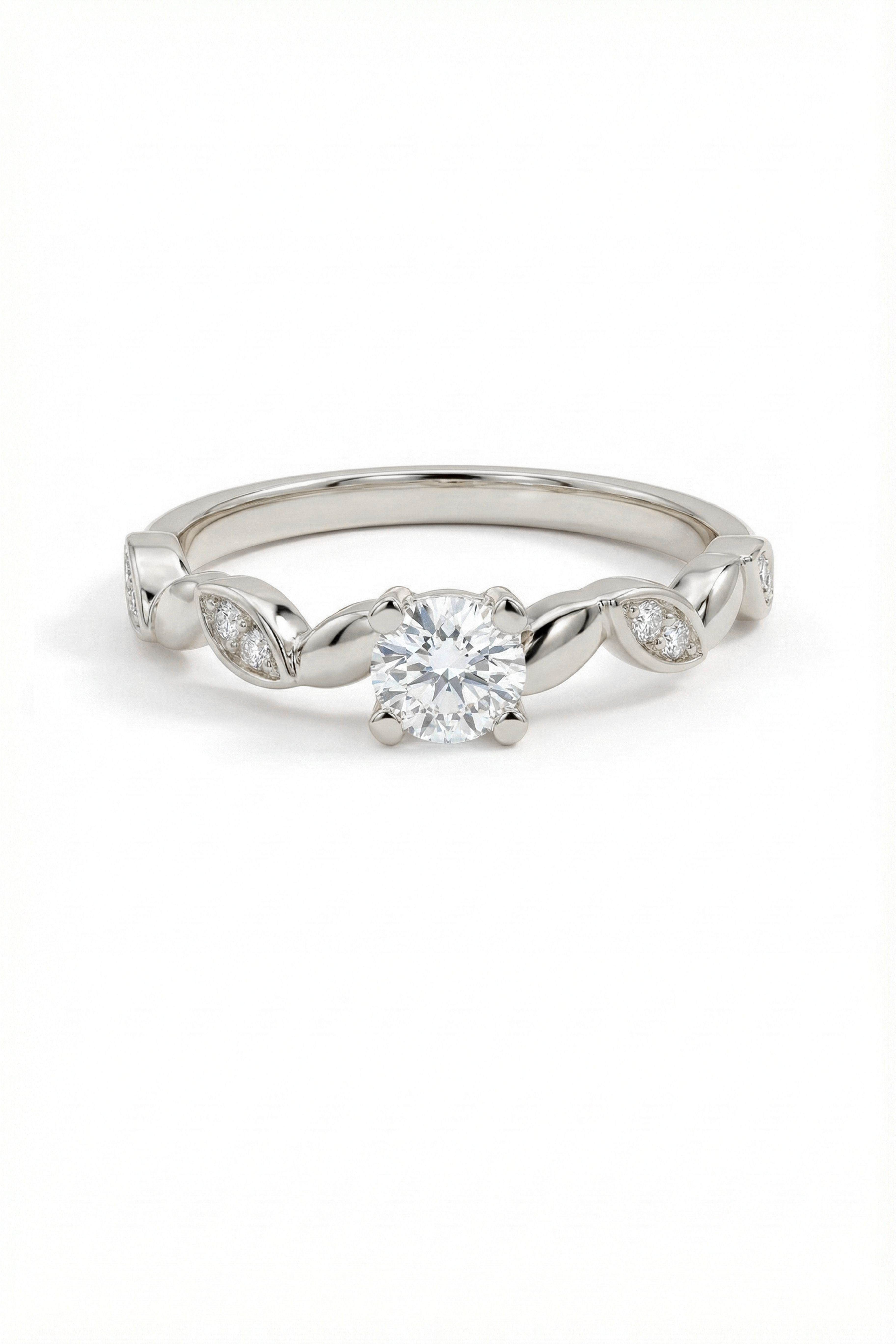 14k Gold Round Diamond Solitaire Ring with Marquise Accents